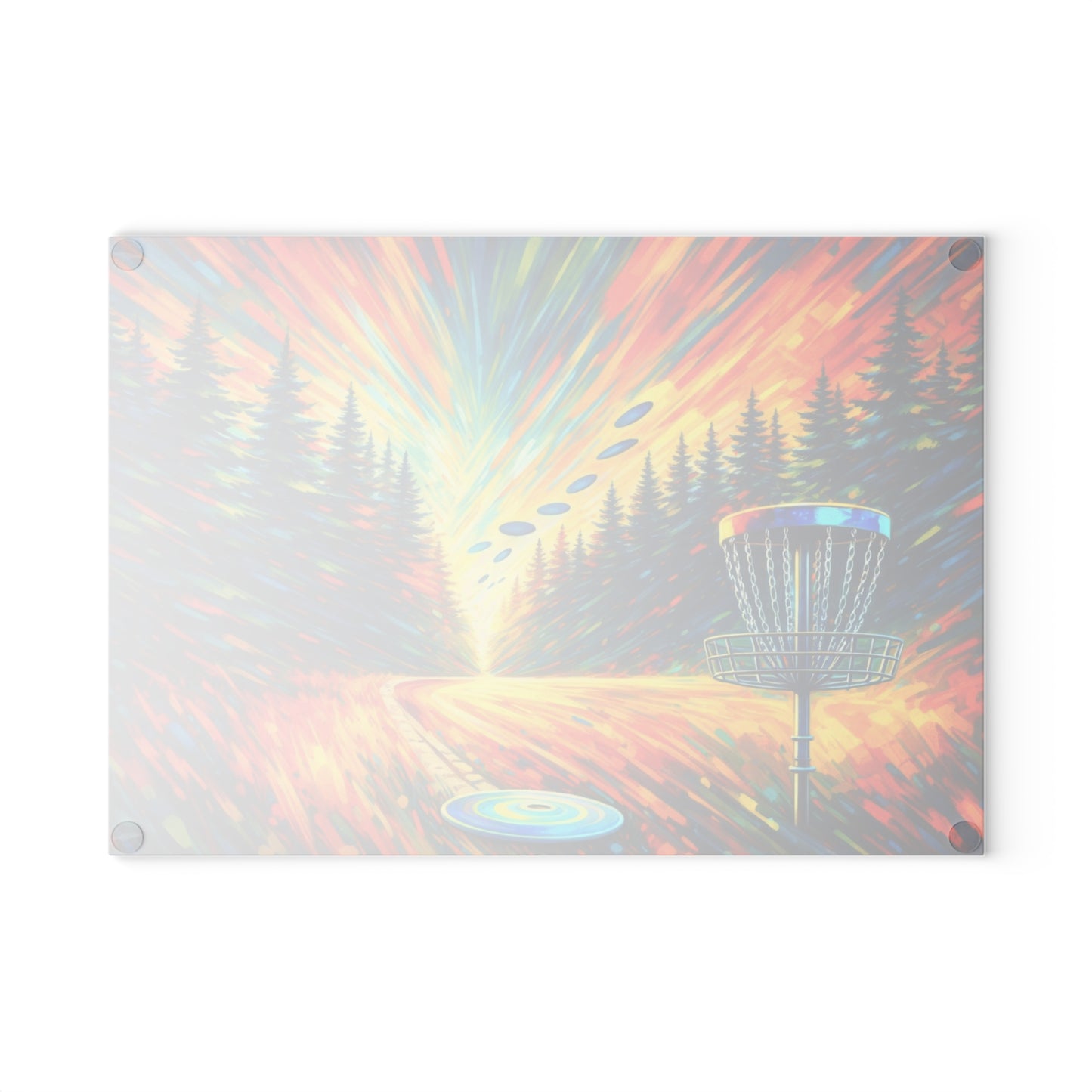 Disc Golf Basket Sunset Glass Cutting Board – Colorful Outdoor Sports Artwork