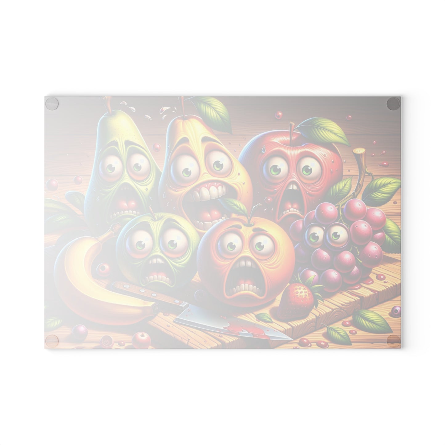 🍎🍐🍌😂 “Fruit Squad Panic” Glass Cutting Board – Silly Kitchen Laughs