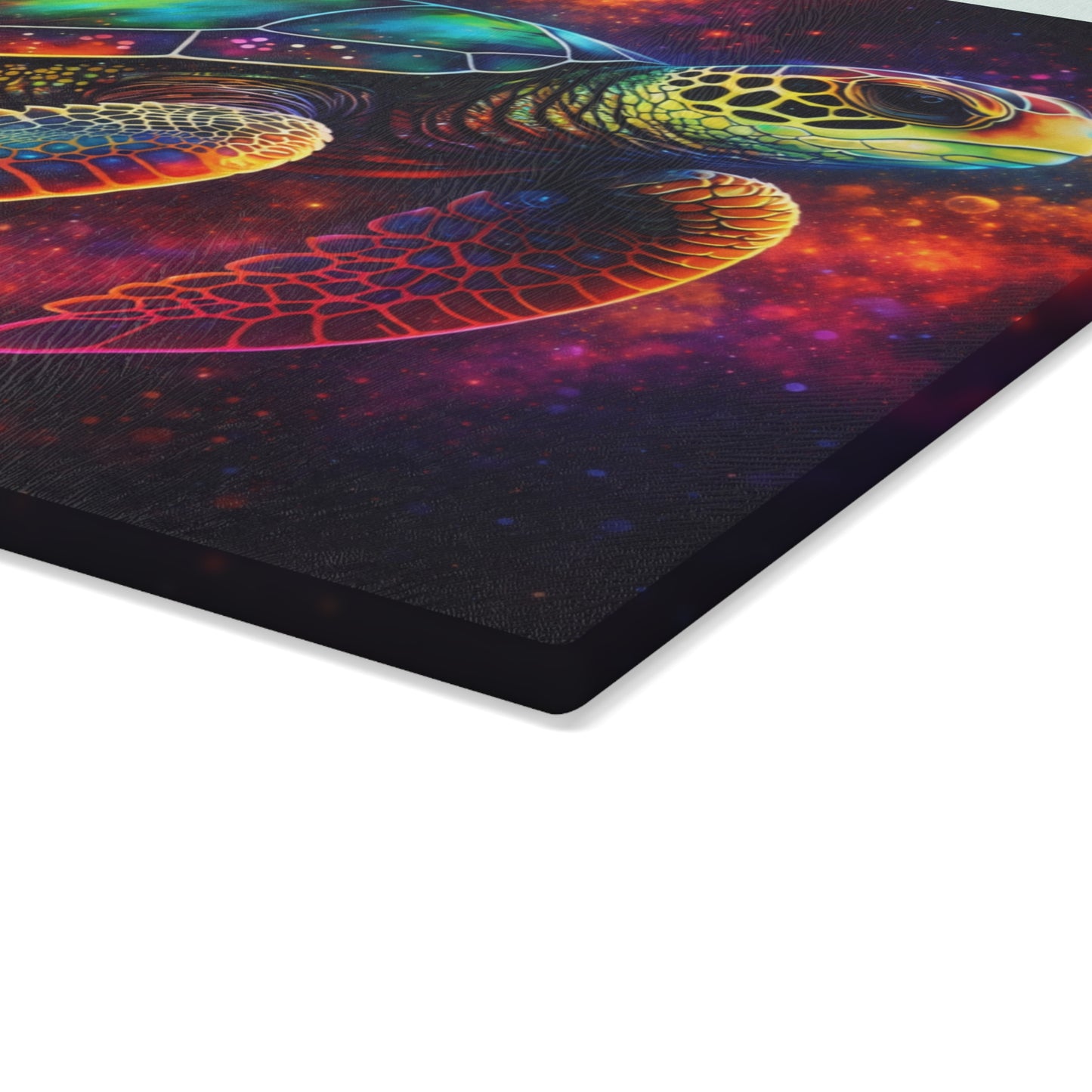 Cosmic Journey Glass Cutting Board – Vibrant Space Turtle Artwork