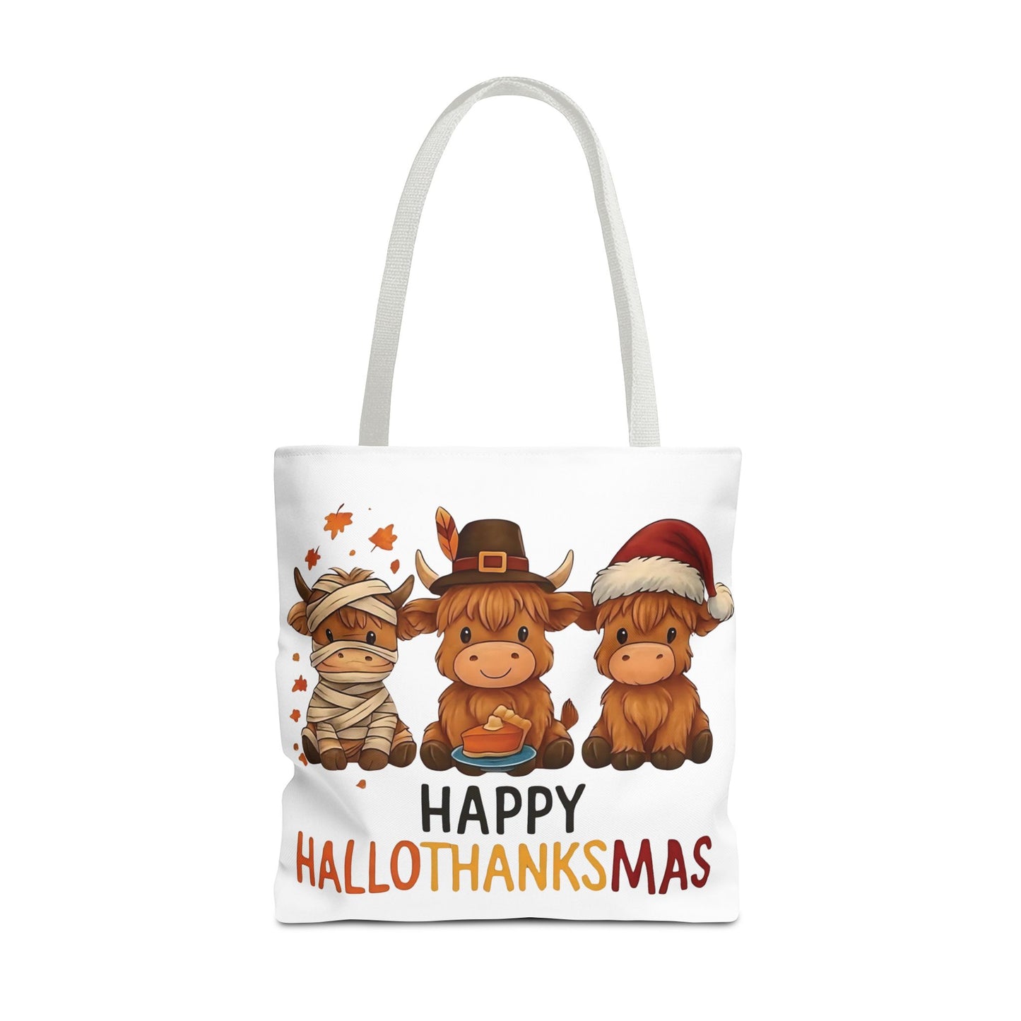 🐮 Happy Hallothanksmas Highland Cow Tote Bag – Holiday Fun All Season 🎃🦃🎄👜