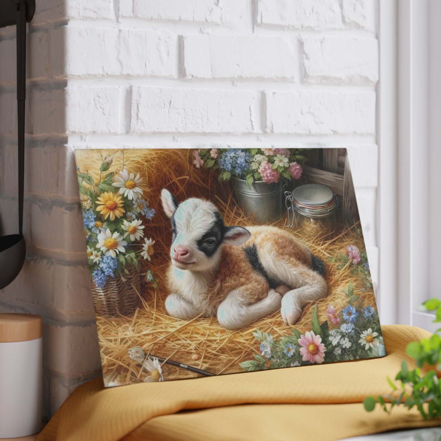 🐐🌸 Baby Goat in the Hayloft Glass Cutting Board – Rustic Farm Charm for Your Kitchen 🌾