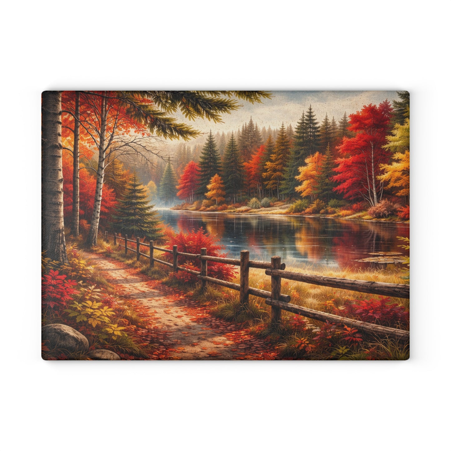 Autumn Lakeside Path Glass Cutting Board – Rustic Fall Forest Lake Kitchen Art
