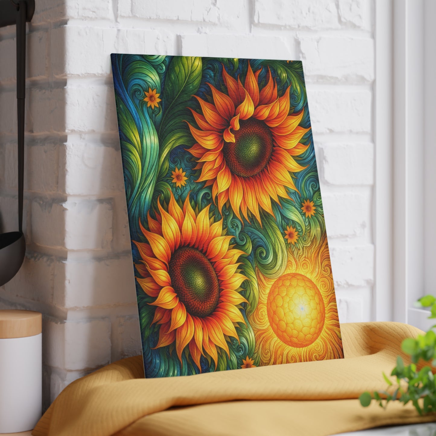 Sunflower Swirl Glass Cutting Board – Vibrant Farmhouse Kitchen Decor
