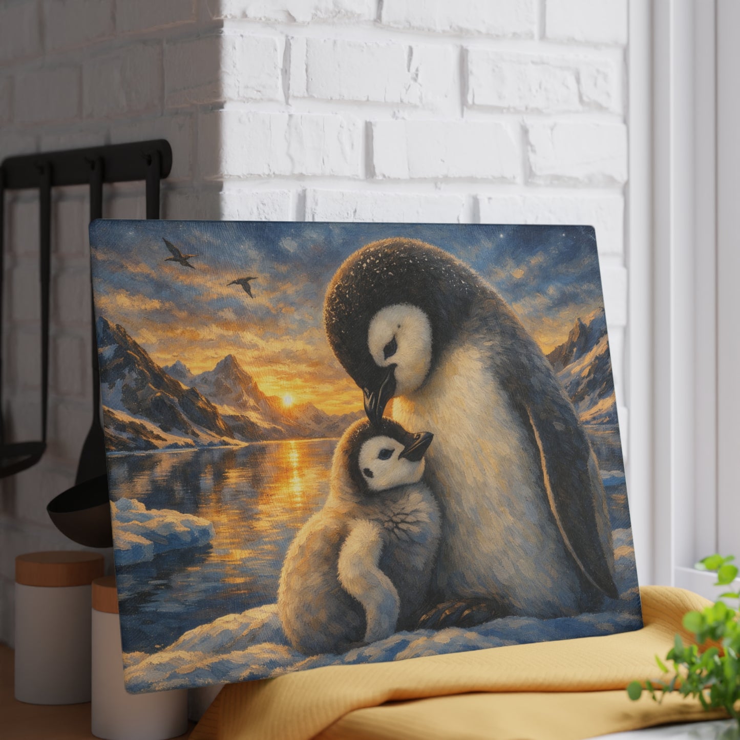 Penguins at Golden Arctic Sunset Glass Cutting Board – Mother and Baby Wildlife Artwork