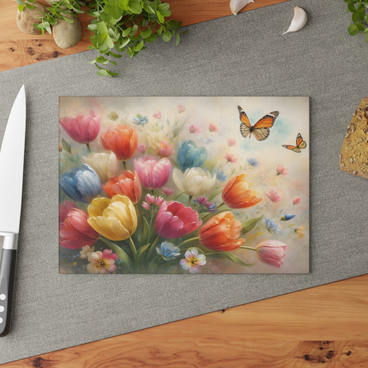 Tulips and Butterflies Glass Cutting Board – Elegant Floral Spring Kitchen Art