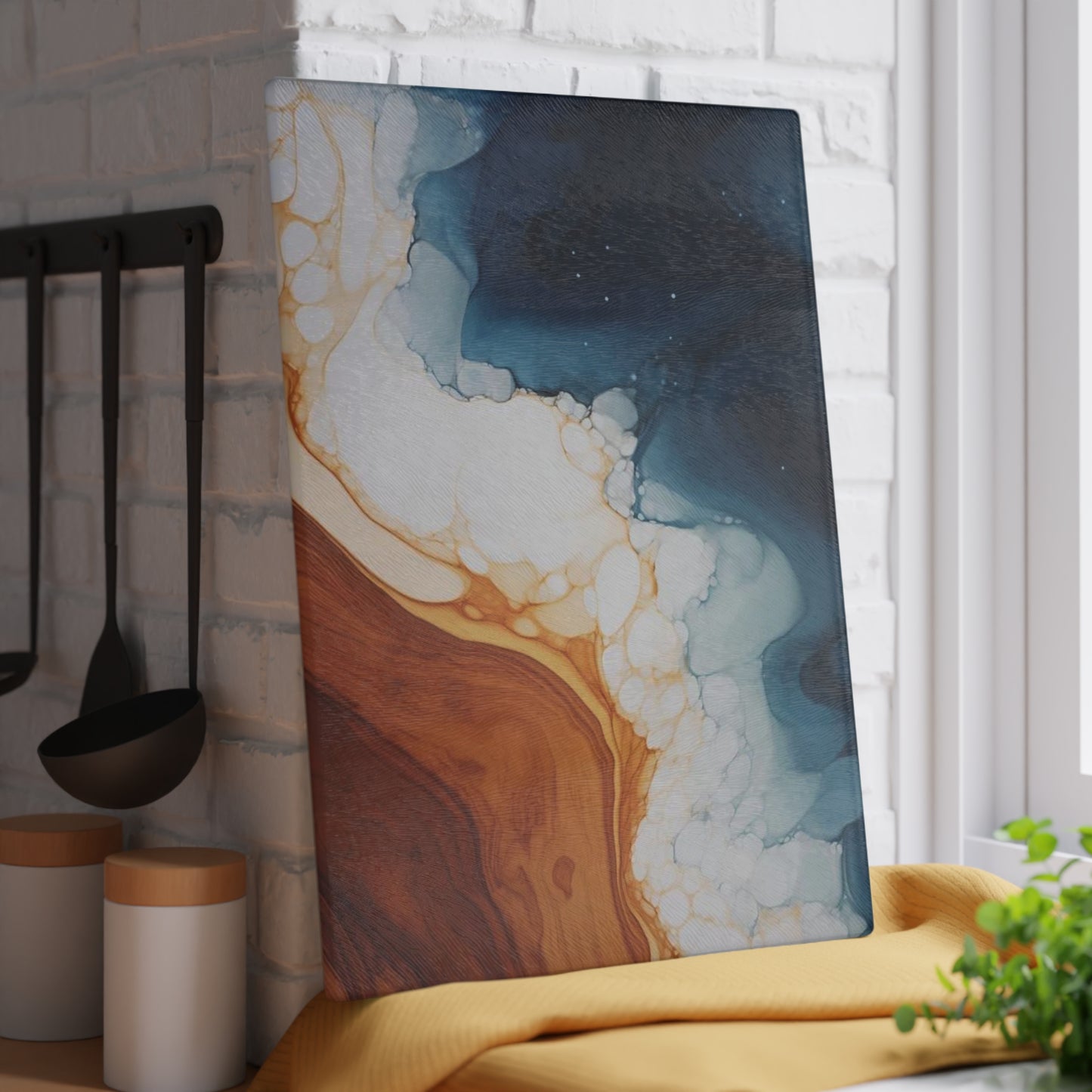 Tabla de cortar de vidrio templado con efecto mármol, imitación madera, azul verdoso y blanco: cocina rústica de estilo elegante