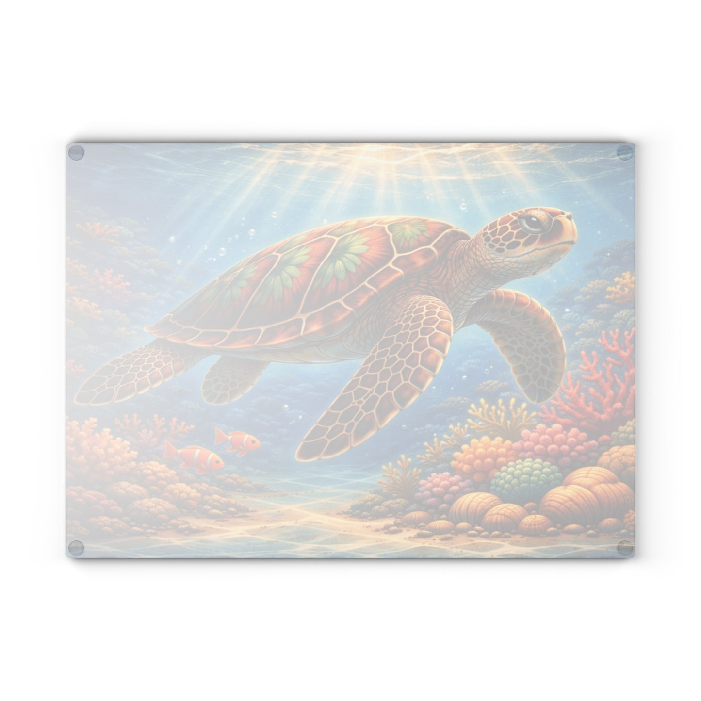 Colorful Sea Turtle Glass Cutting Board – Vibrant Underwater Ocean Reef Kitchen Art