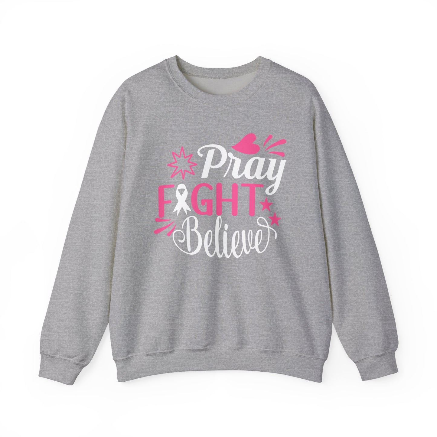 🙏🎀 Pray Fight Believe Sweatshirt – Breast Cancer Awareness & Faith Crewneck