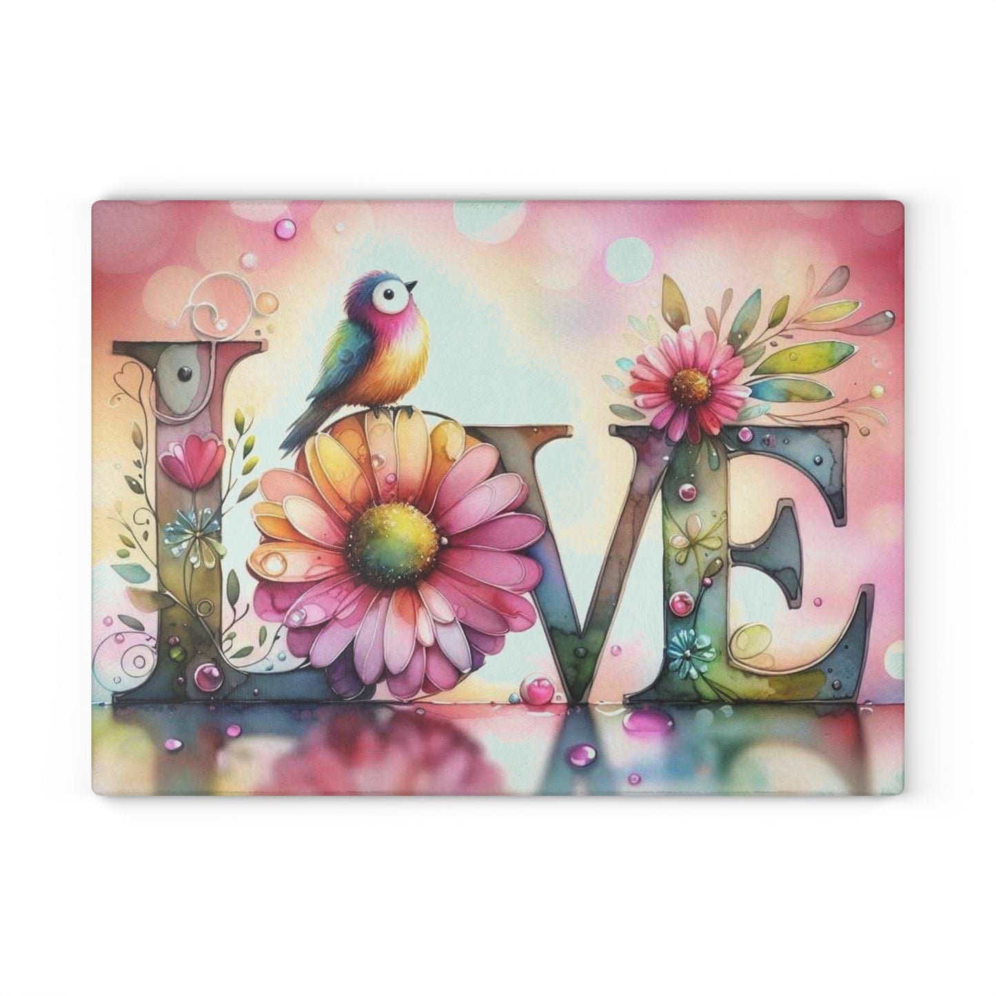 Tabla de cortar, diseño de amor con pájaros y girasoles, decoración de cocina, bandeja de vidrio para servir, regalo de inauguración de la casa, utensilio de cocina