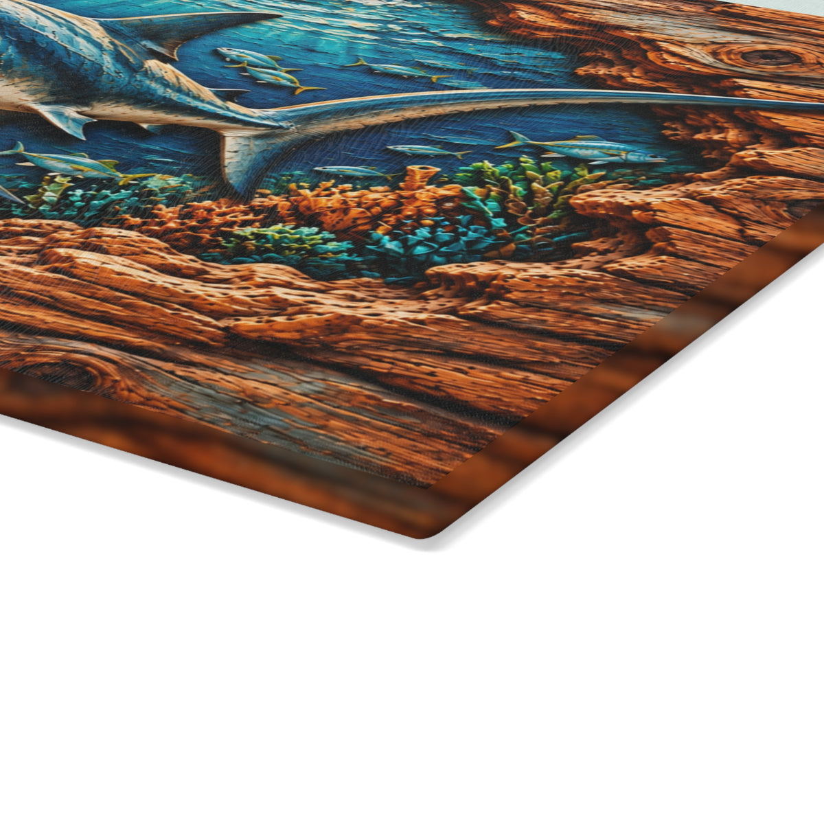 Thresher Shark Glass Cutting Board – Ocean Predator, Tropical Fish, Coral Reef & 3D Carved Wood Look