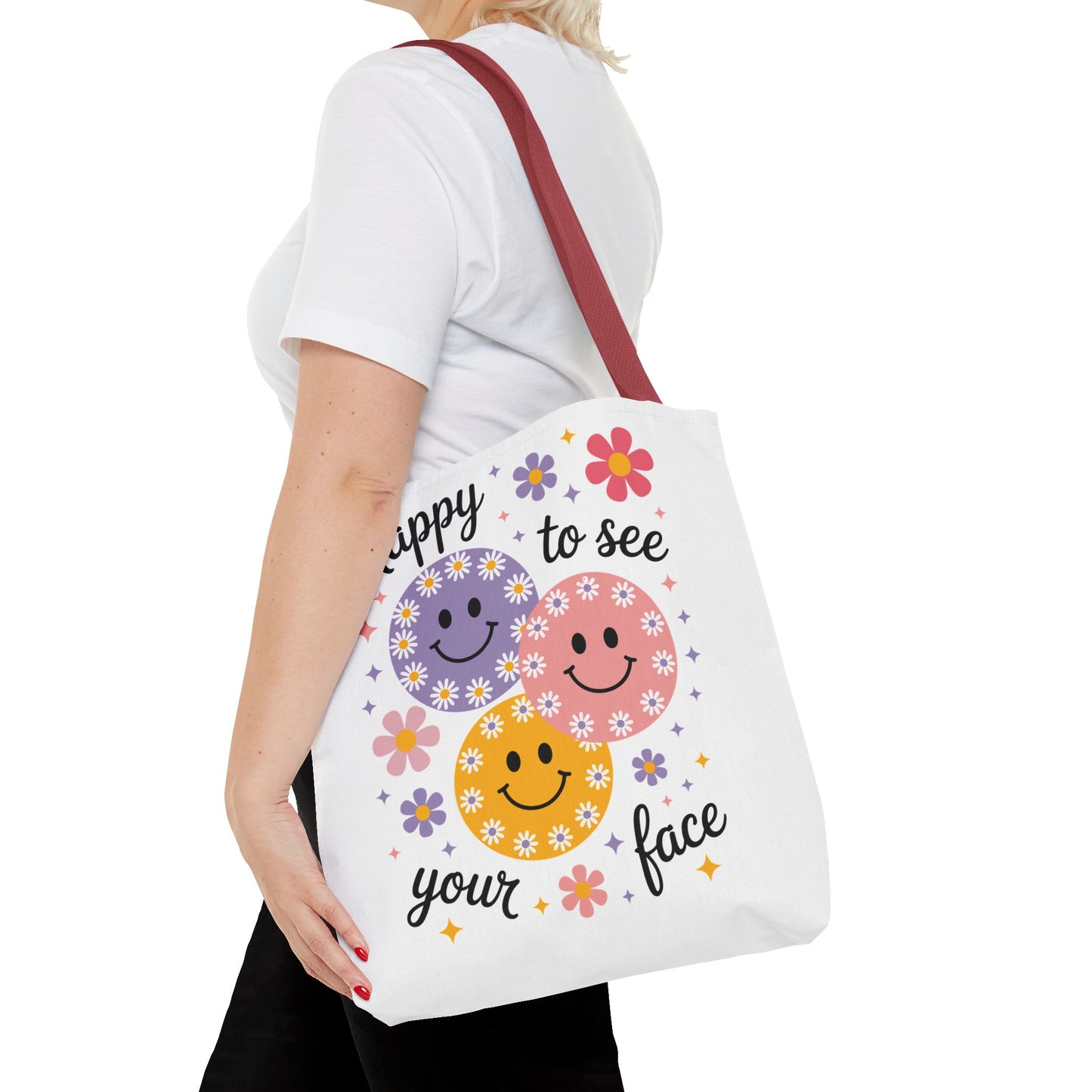 🌼 Happy Face Daisy Tote Bag – Retro Smiles with Floral Charm 🌸