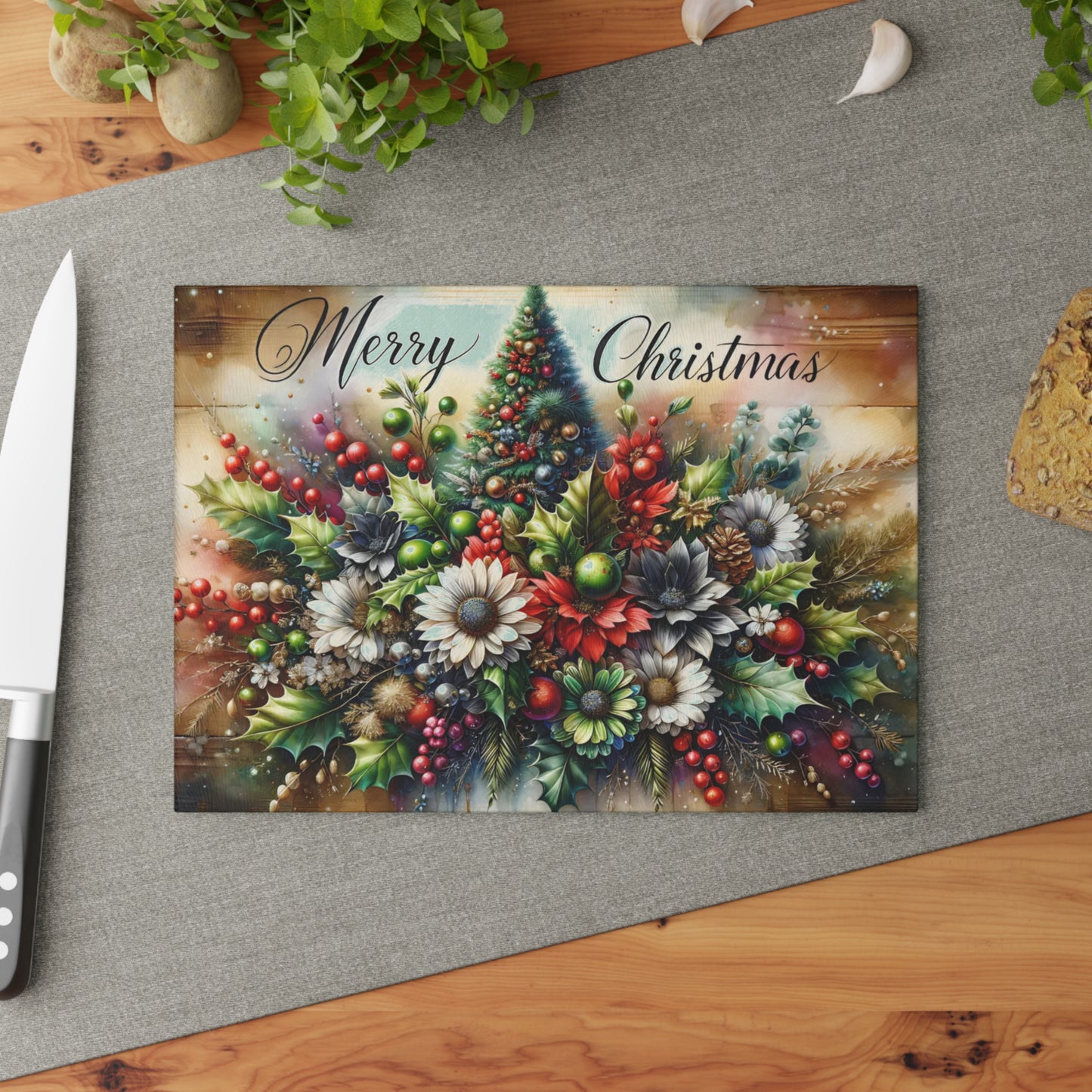 🎄✨ “Merry Christmas Bouquet” Glass Cutting Board – Festive Holiday Centerpiece for Your Kitchen