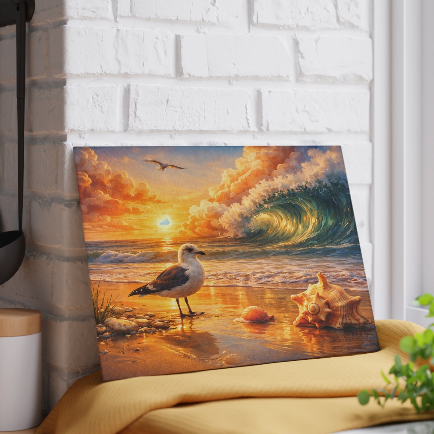 Golden Coastal Wave Glass Cutting Board – Ocean Sunset Seagull Beach Kitchen Art