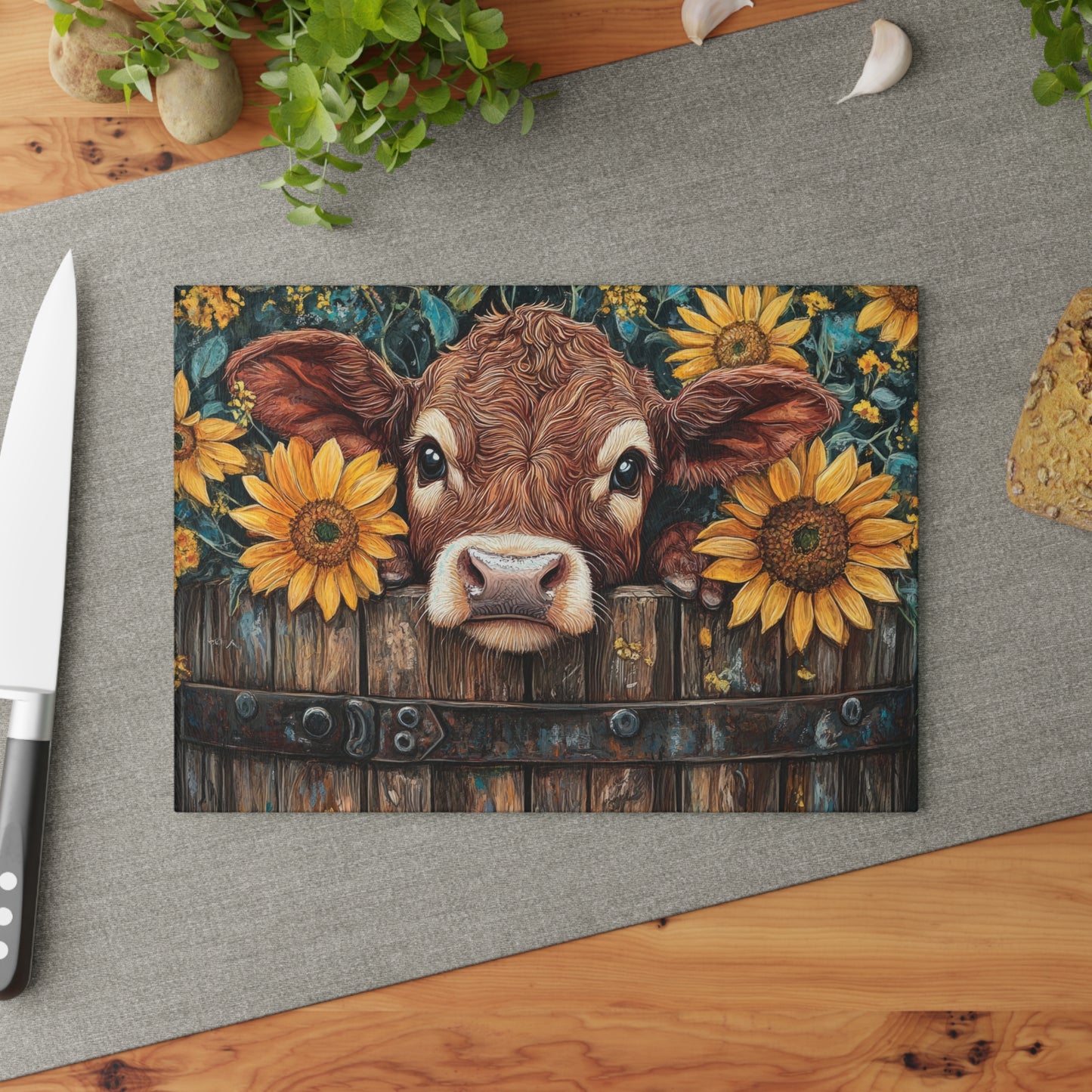 🐮🌻 Rustic Sunflower Calf Cutting Board – Farmhouse Charm for Your Kitchen 🌾