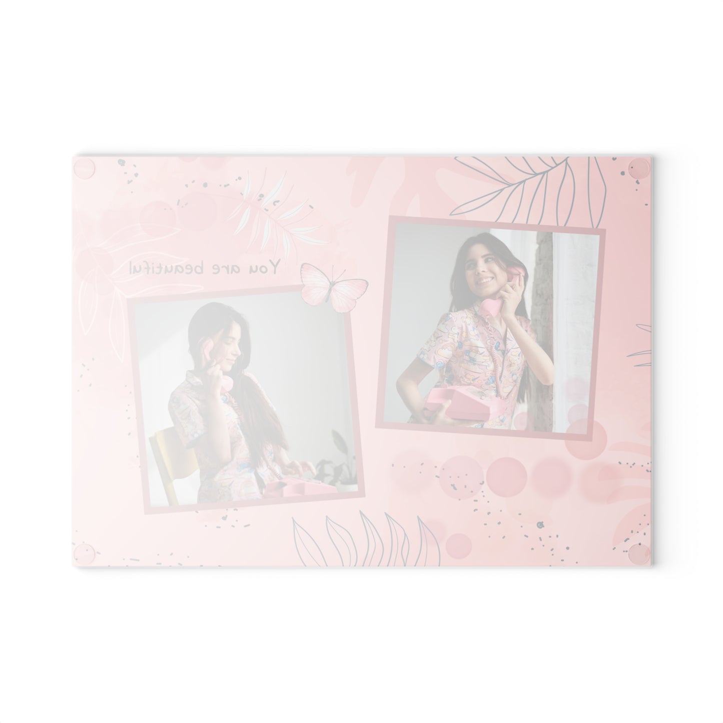 You Are Beautiful Photo Collage Glass Cutting Board – Pink Butterfly Inspirational Keepsake