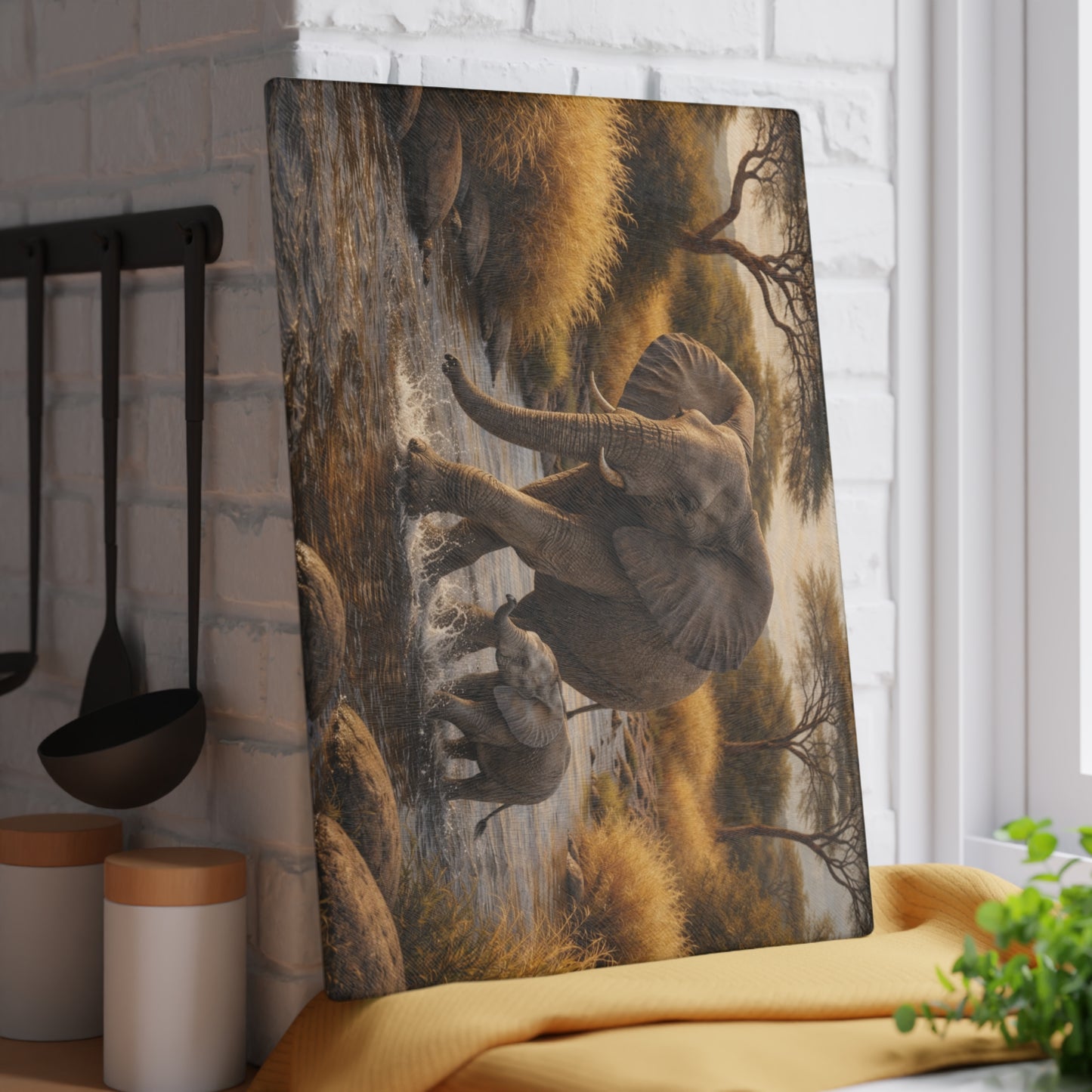 Elephant and Calf River Crossing Glass Cutting Board – Peaceful Wildlife Nature Kitchen Art