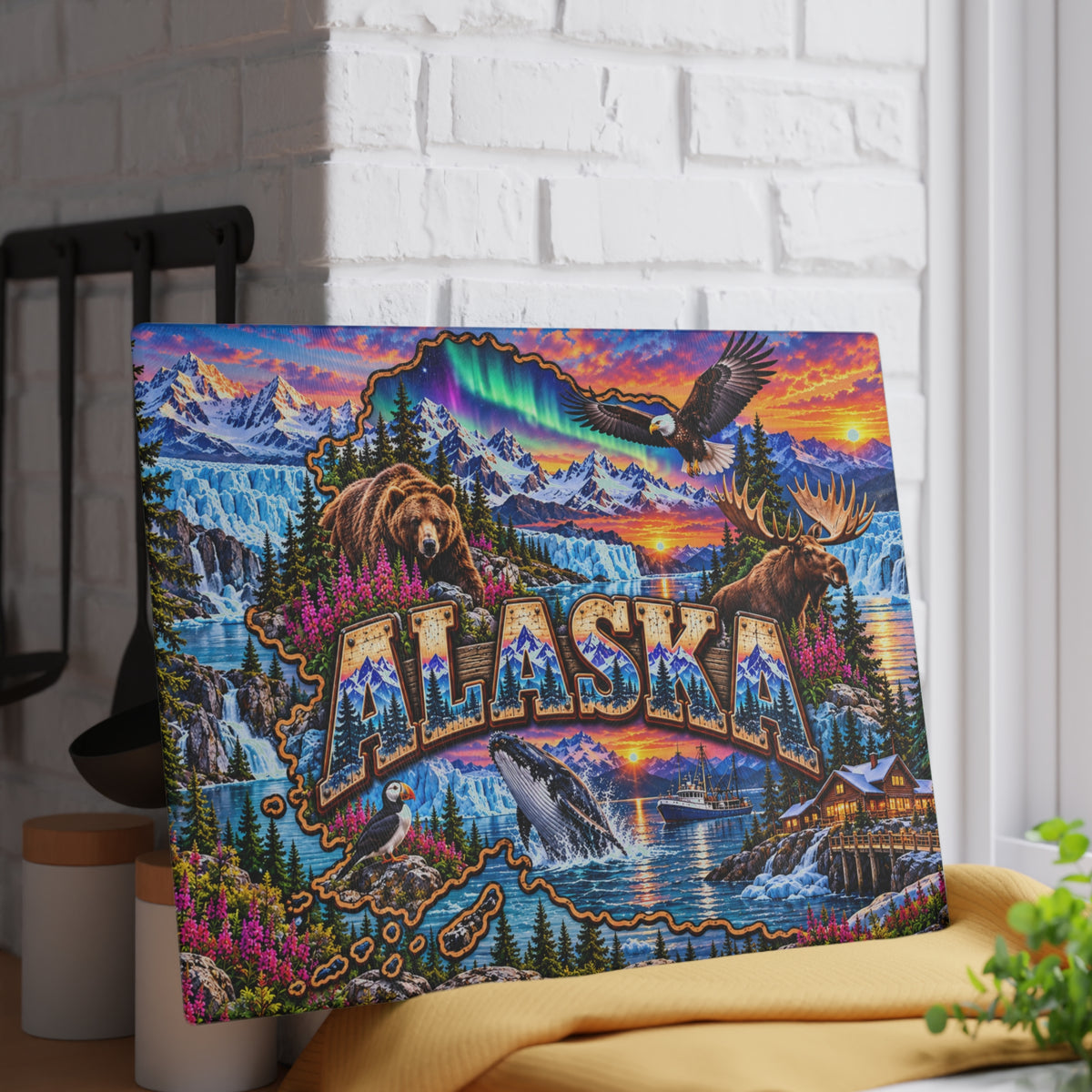 Alaska Scenic Wildlife Glass Cutting Board – Northern Lights, Mountains, Bears, Moose & Coastal Kitchen Décor