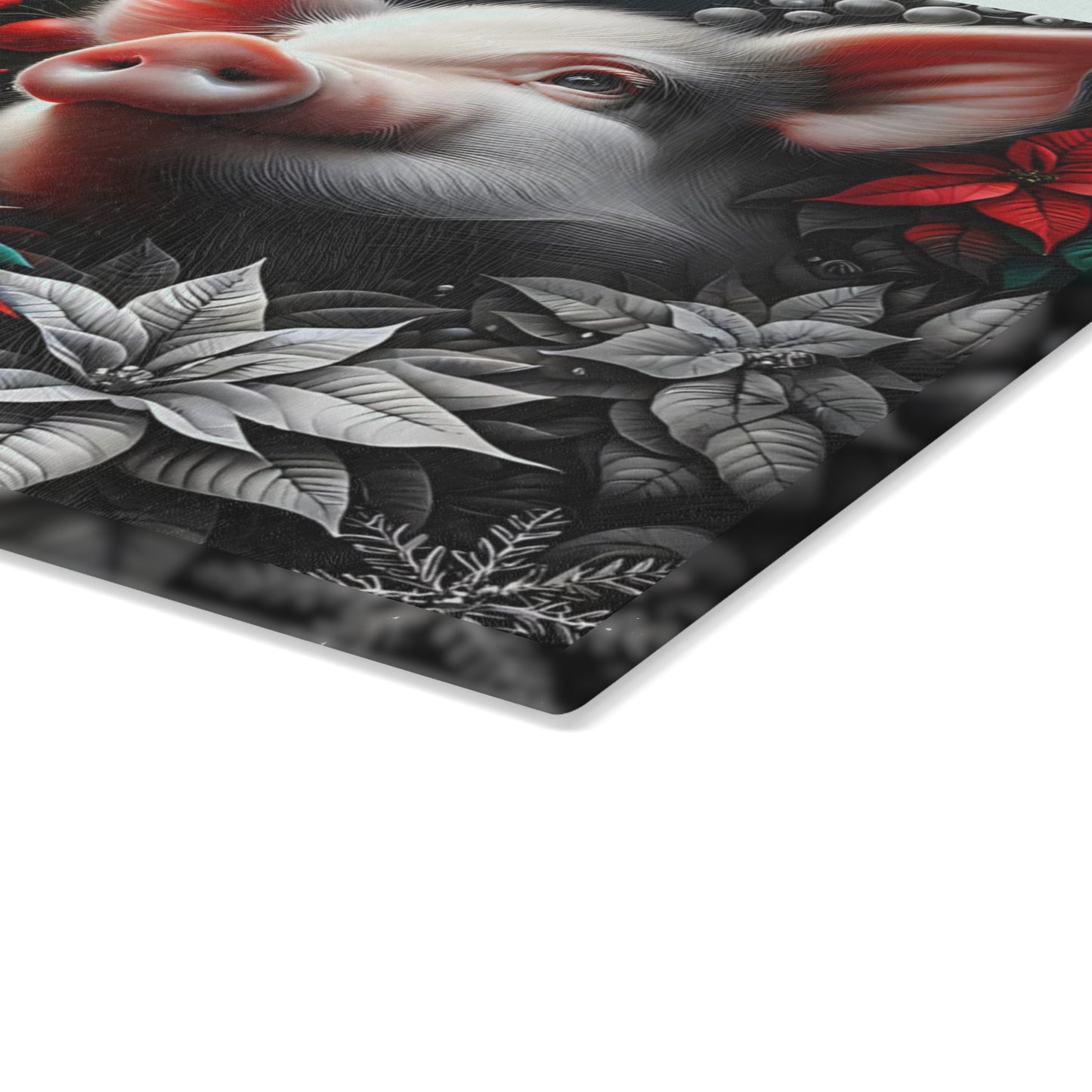 🐷✨ “Holiday Poinsettia Pig” Glass Cutting Board – Festive Farmhouse Cheer for Your Kitchen