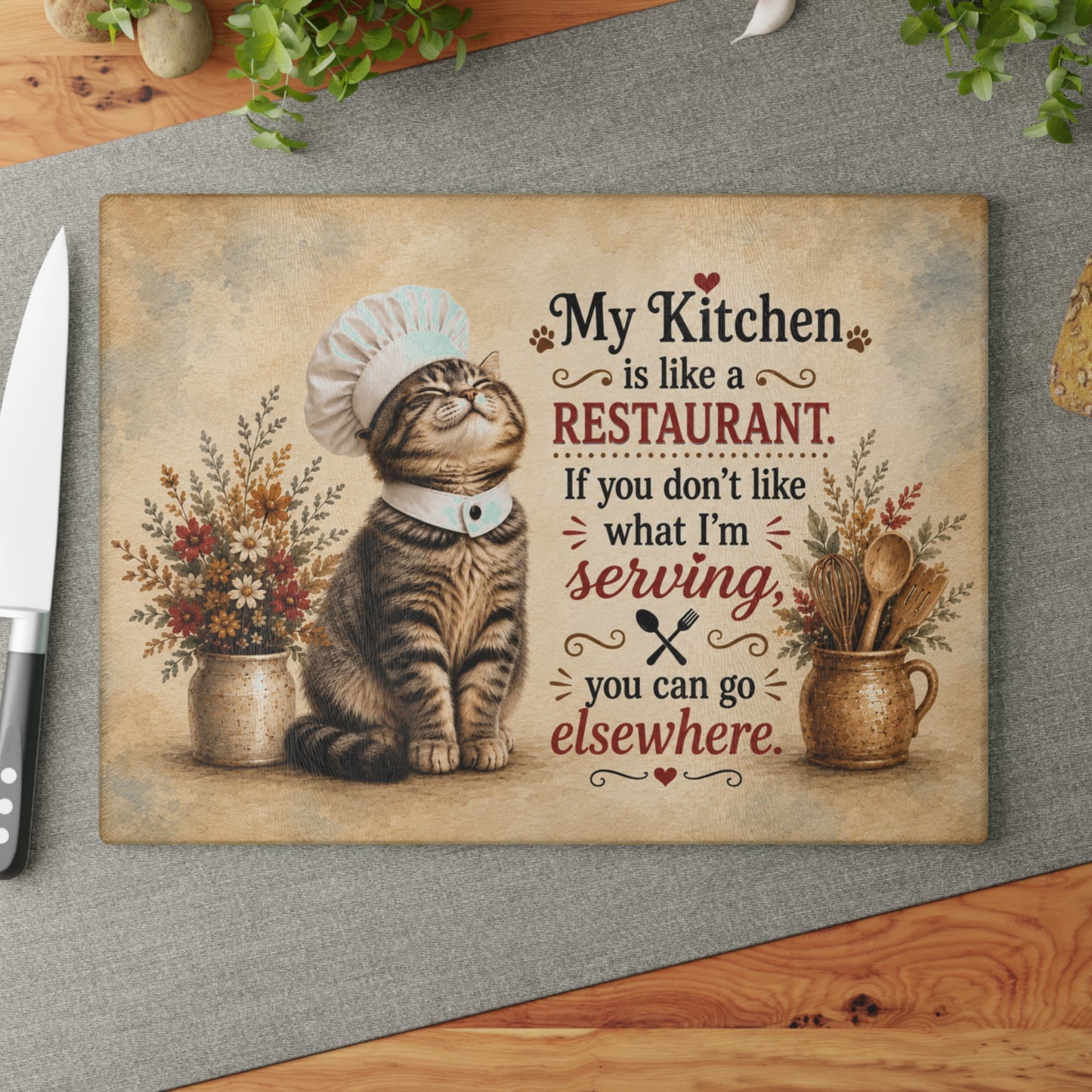 My Kitchen Is Like a Restaurant Glass Cutting Board – Funny Chef Cat Kitchen Decor with Humorous Quote