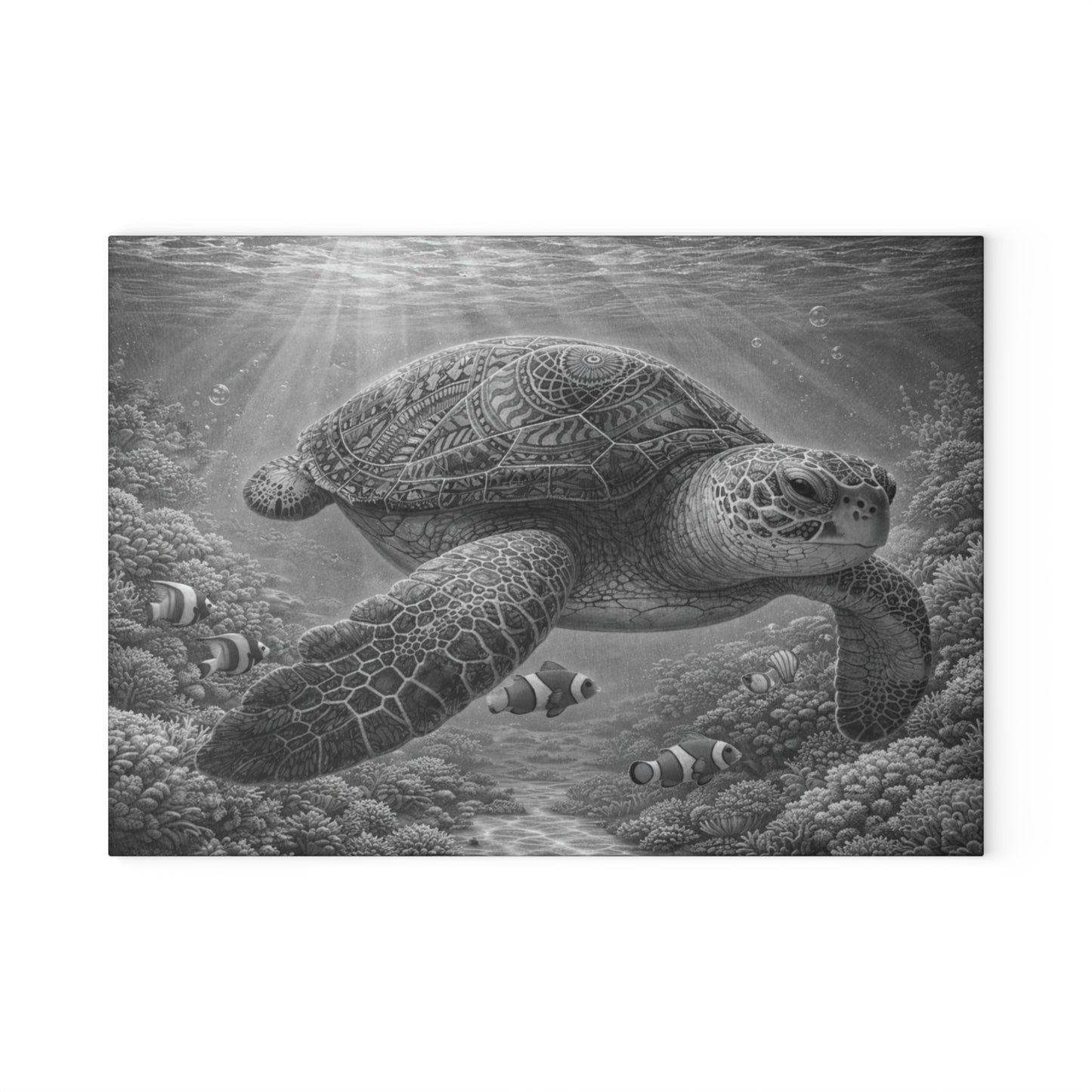 Sacred Depths Sea Turtle Glass Cutting Board – Black & White Ocean Artwork