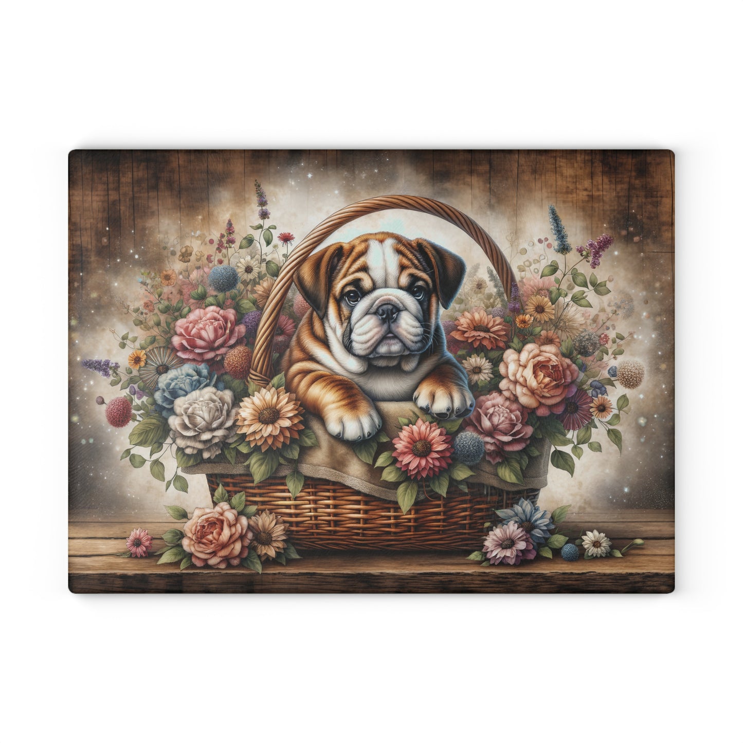 🐶🌸 Bulldog in Basket Cutting Board – Rustic Charm for Your Kitchen 🌼