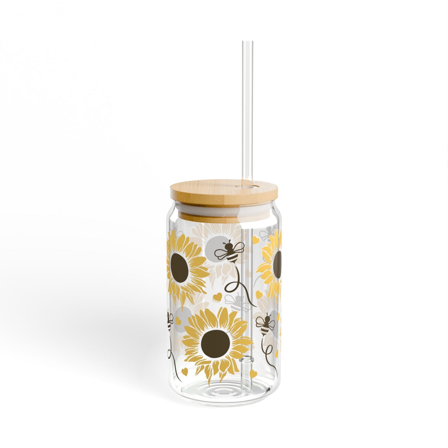 🌻 Sunflower & Bees Sipper Glass – Brighten Your Day with Every Sip 🐝