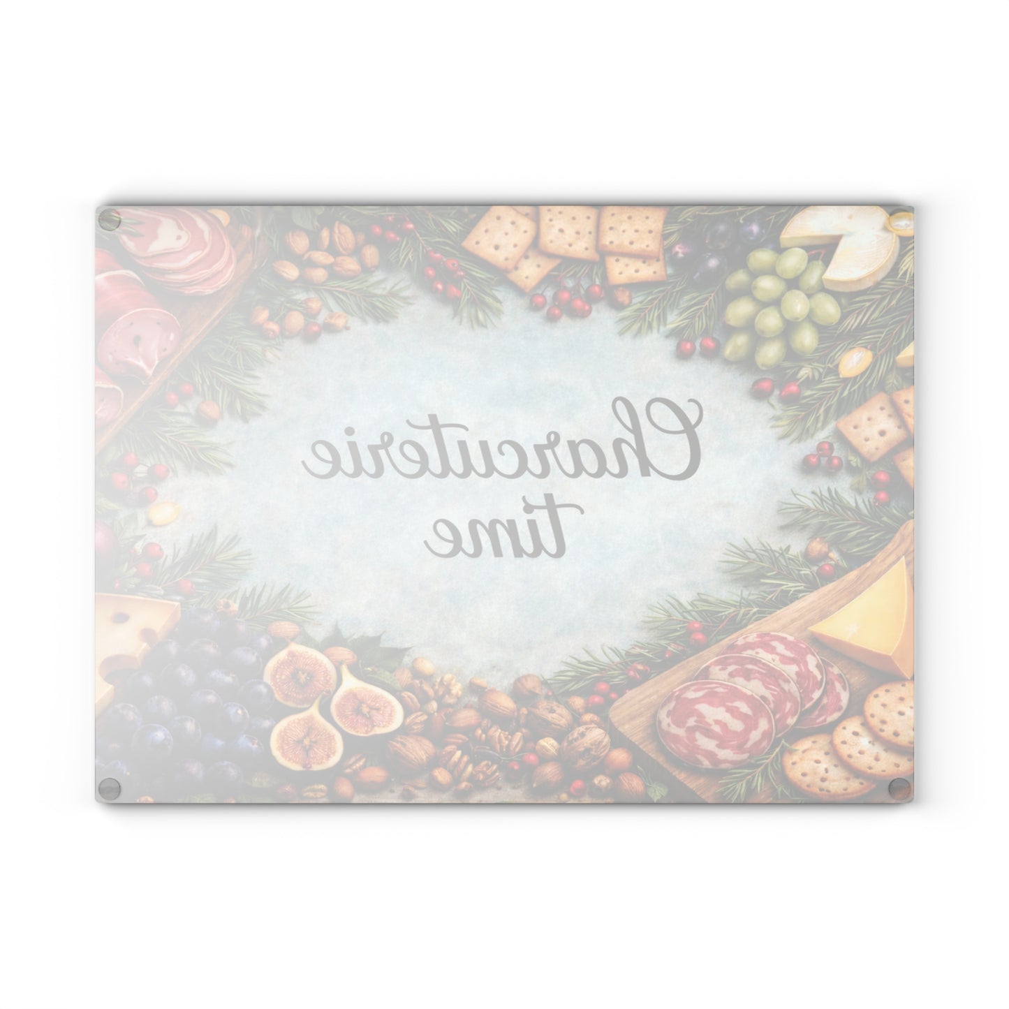 “Charcuterie Time” Festive Entertaining Glass Cutting Board – Holiday Kitchen Décor