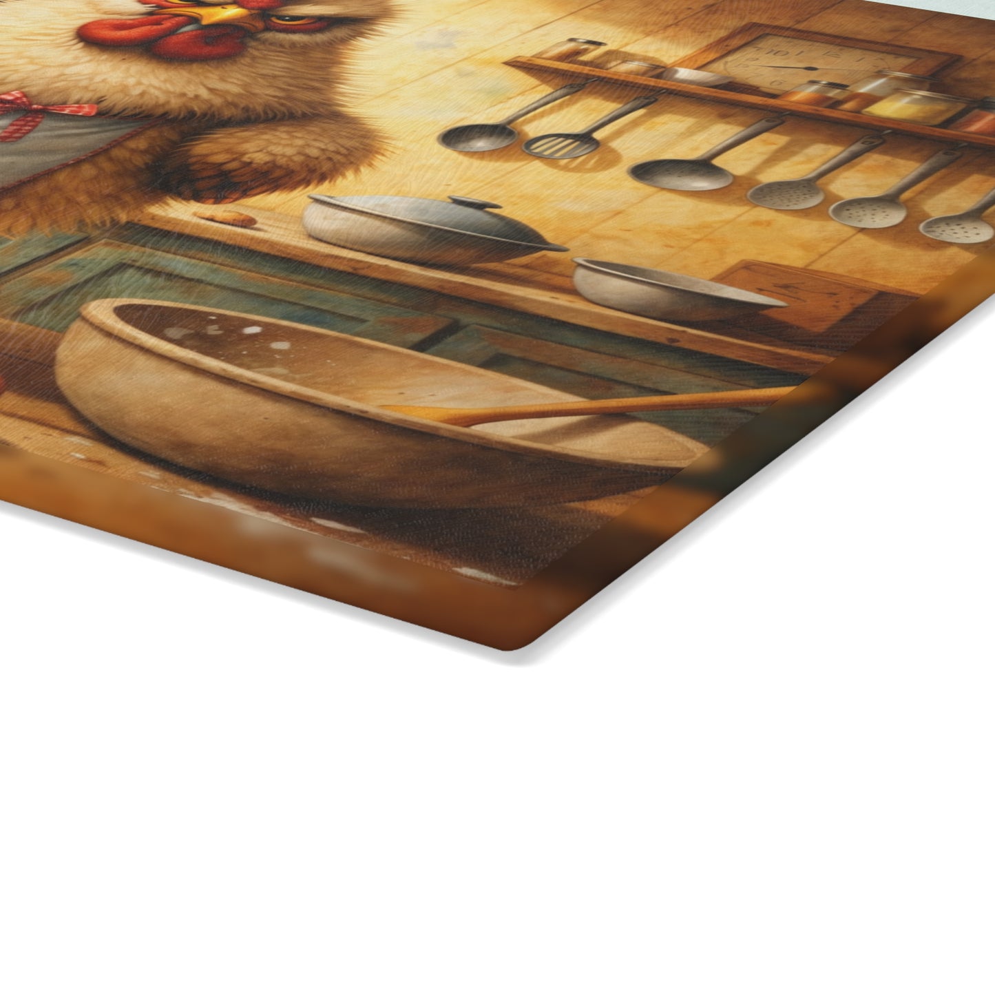 Feisty Farmhouse Chicken Glass Cutting Board – Rustic Kitchen Art with Attitude