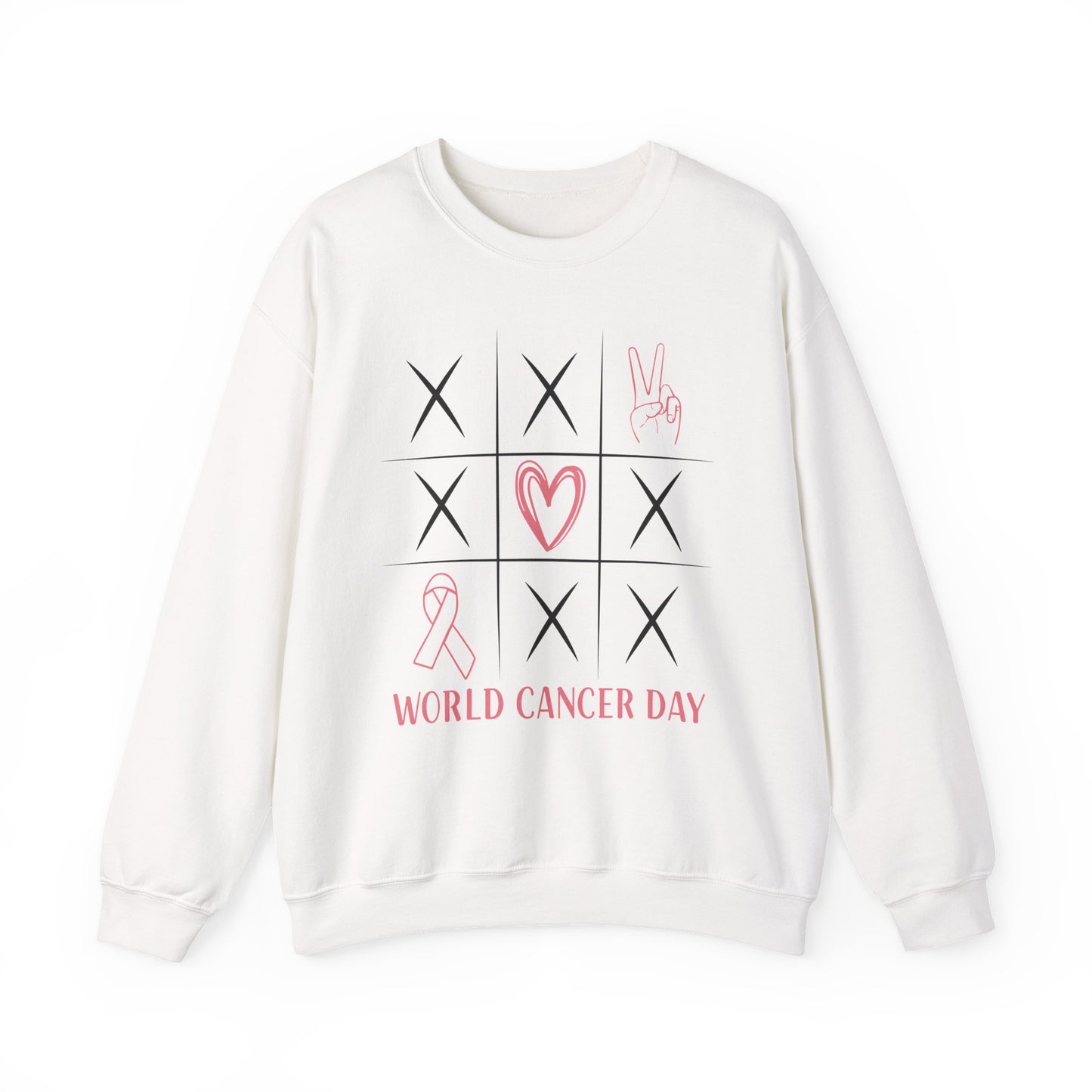 🌍🎗️ World Cancer Day Sweatshirt – Awareness Tic-Tac-Toe Heart & Ribbon