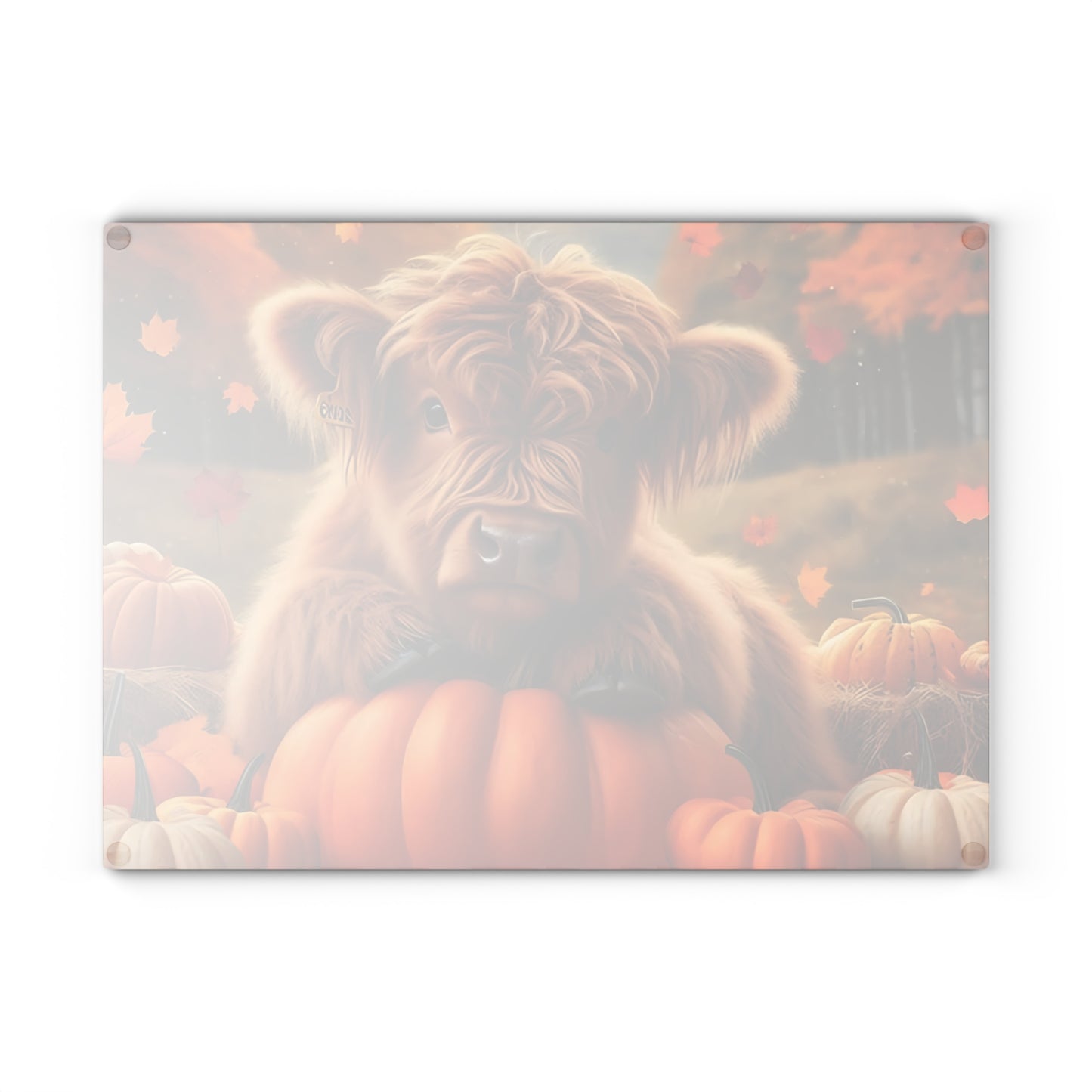 🍂🐮 Autumn Highland Calf Cutting Board – Rustic Fall Kitchen Décor with Pumpkins & Falling Leaves 🎃🍁