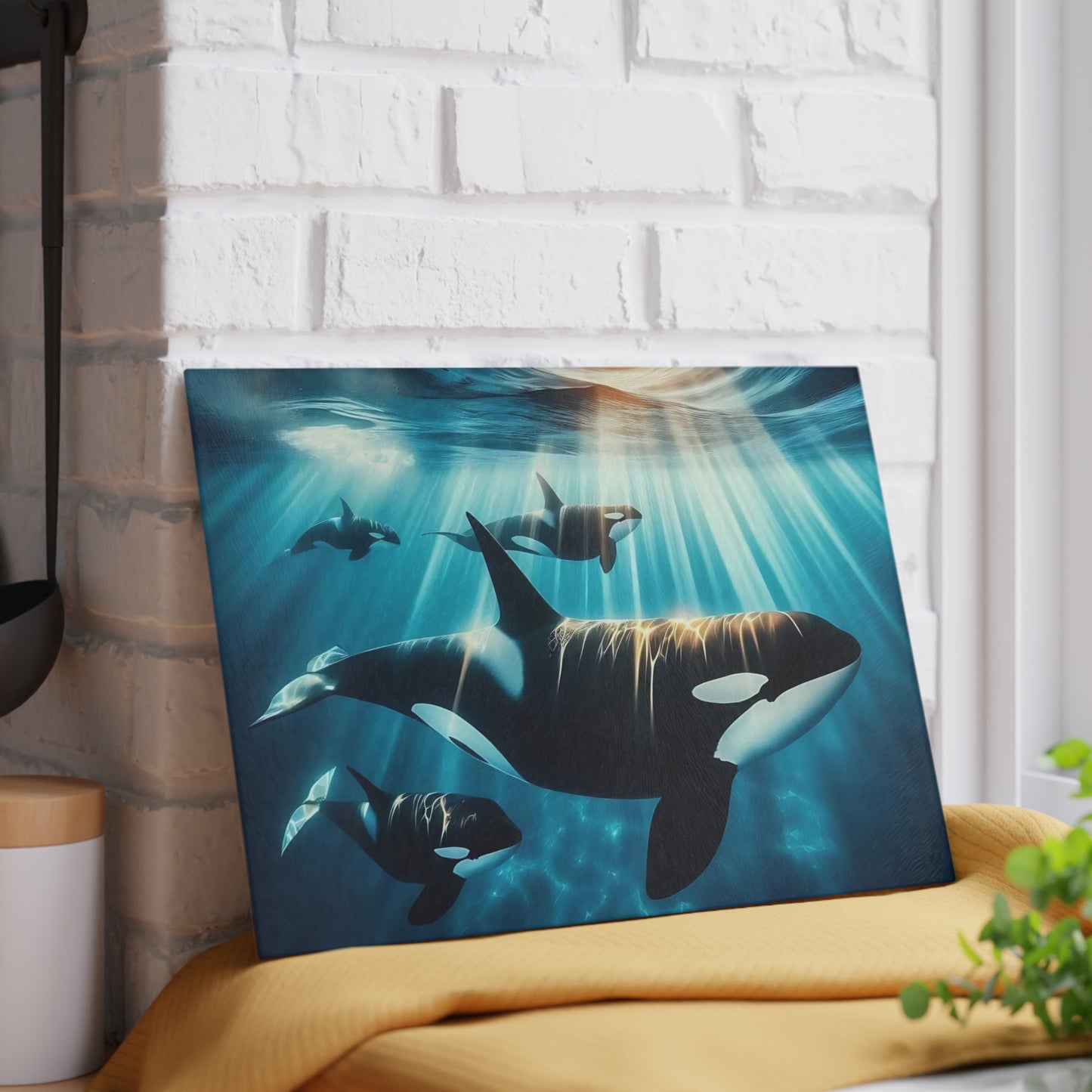 Ocean Guardians Glass Cutting Board – Orca Family Beneath Sunlit Waters