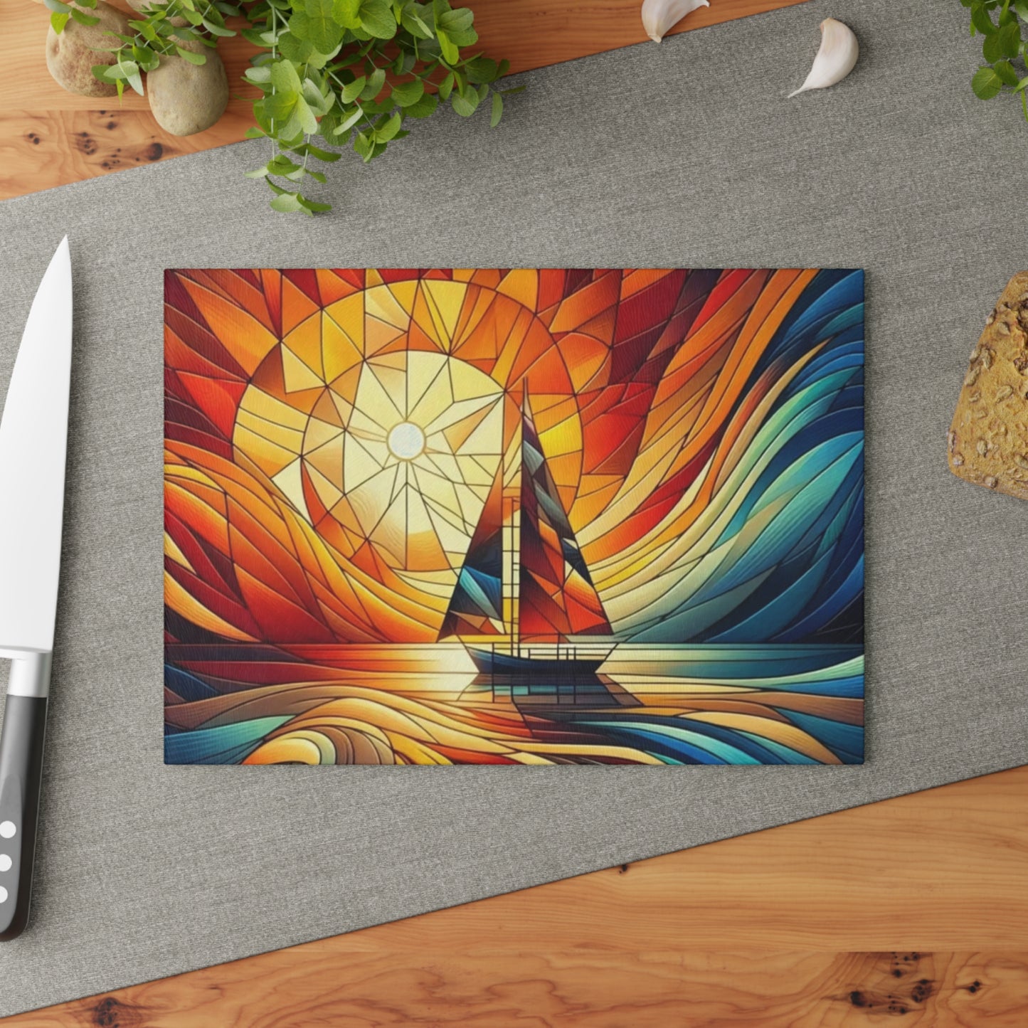 Tabla de cortar con diseño de velero al atardecer con aspecto de vitral: arte costero colorido para la cocina