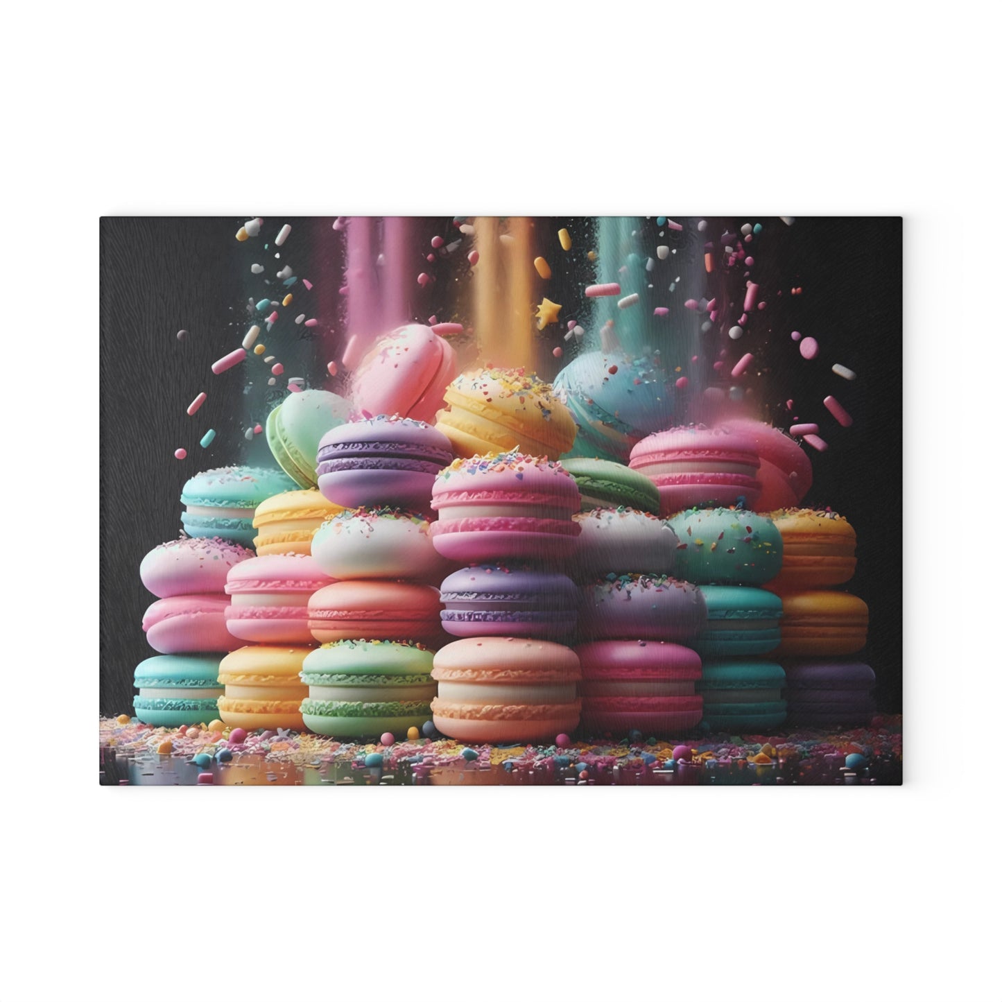 Tabla de cortar de vidrio con macarons pastel: una decoración de cocina dulce con un toque de fantasía
