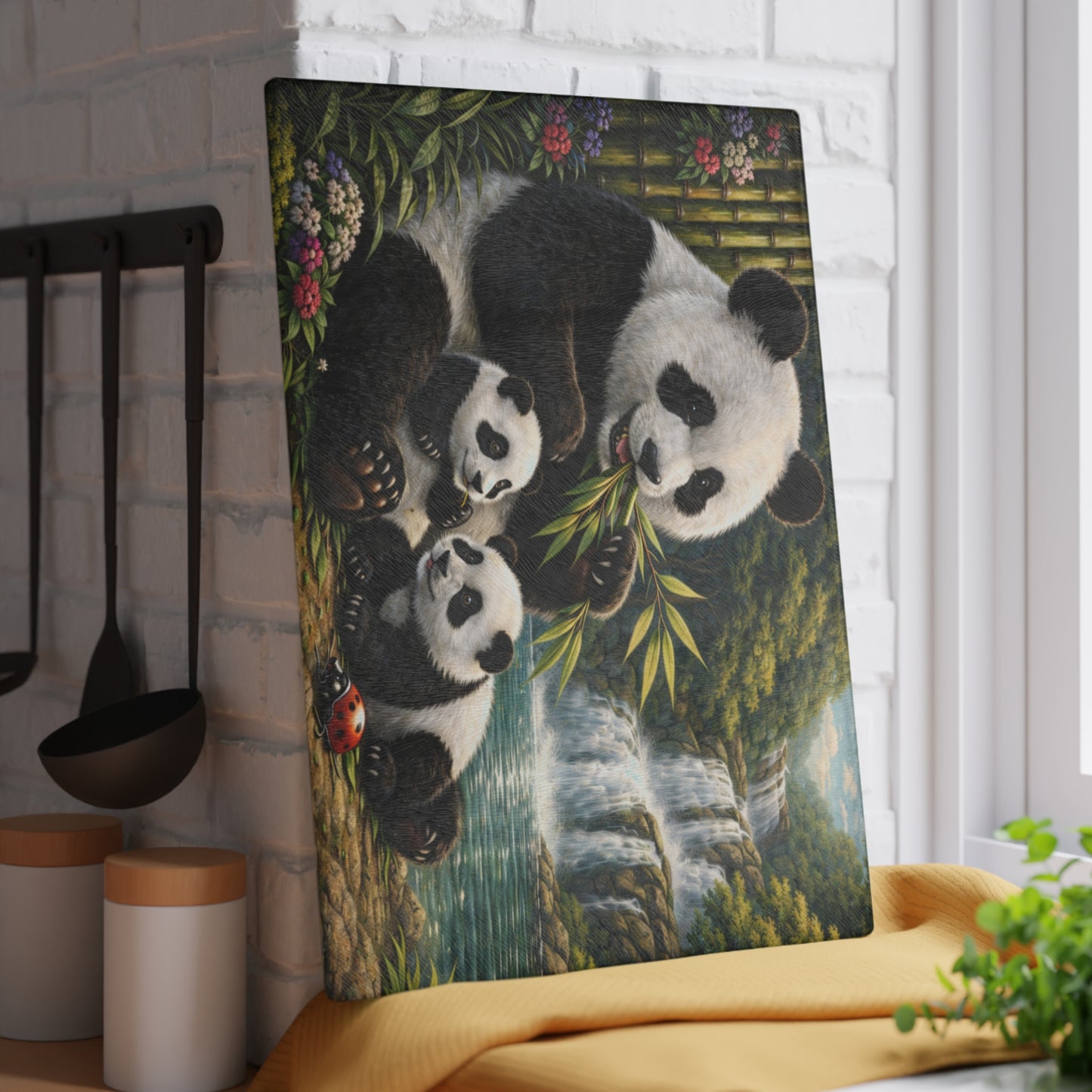 Panda Family by Waterfall Glass Cutting Board – Peaceful Bamboo Forest Wildlife Artwork