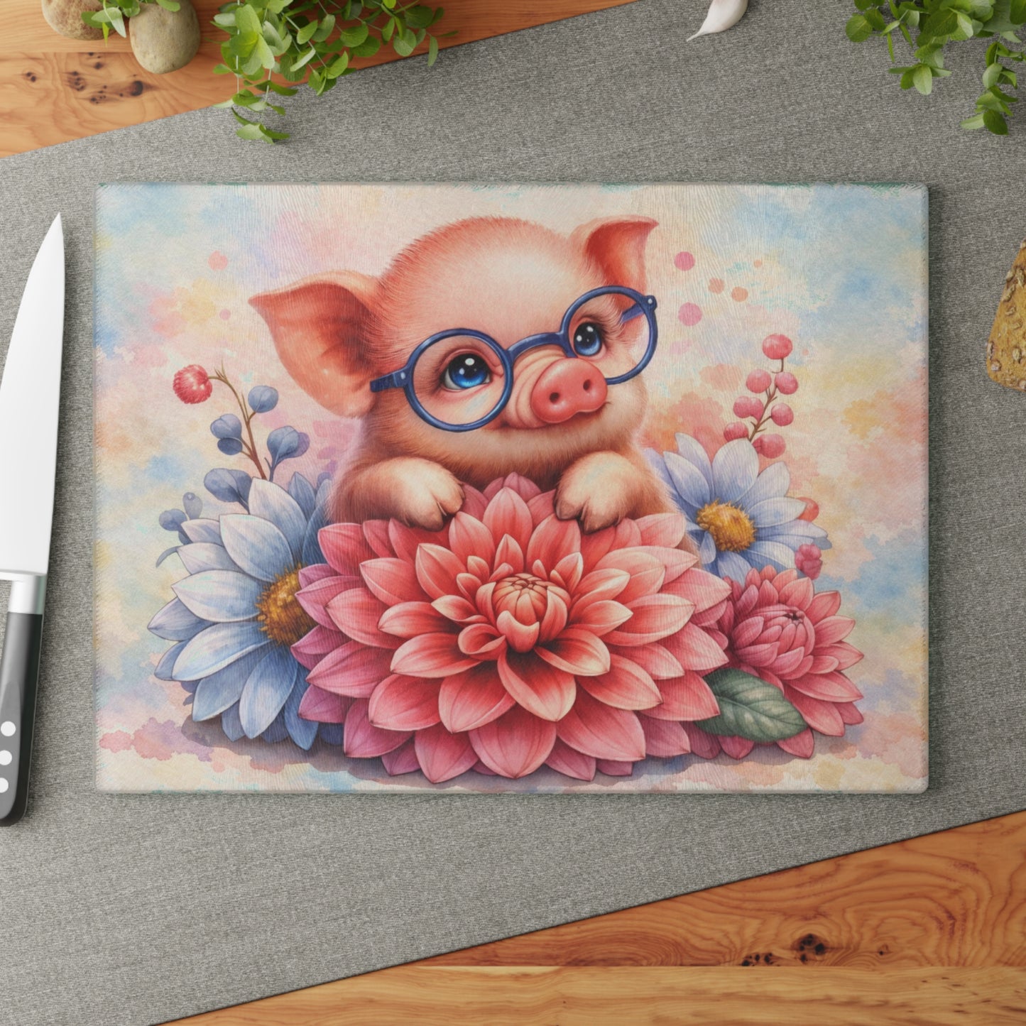 Smart Piglet with Flowers Glass Cutting Board – Farmhouse Kitchen Decor