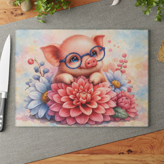 Smart Piglet with Flowers Glass Cutting Board – Farmhouse Kitchen Decor