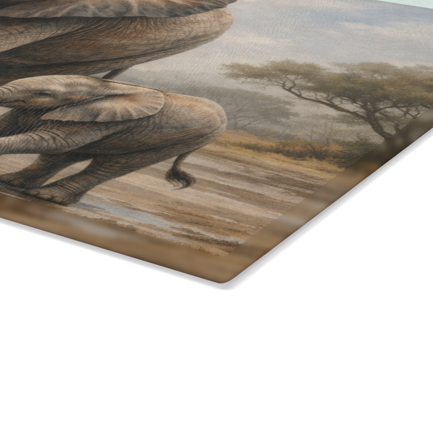 Mother and Baby Elephant Glass Cutting Board – Gentle Safari Wildlife Kitchen Art