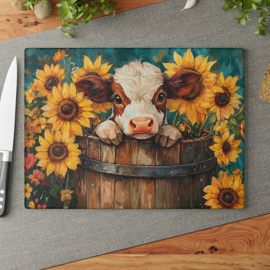 🌻🐄 Rustic Sunflower Calf Cutting Board – Country Charm Meets Timeless Elegance 🌾✨