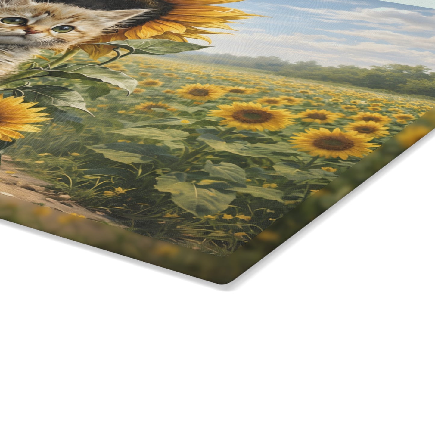 Sunflower Kitten Glass Cutting Board – Whimsical Floral Cat Art Kitchen Decor