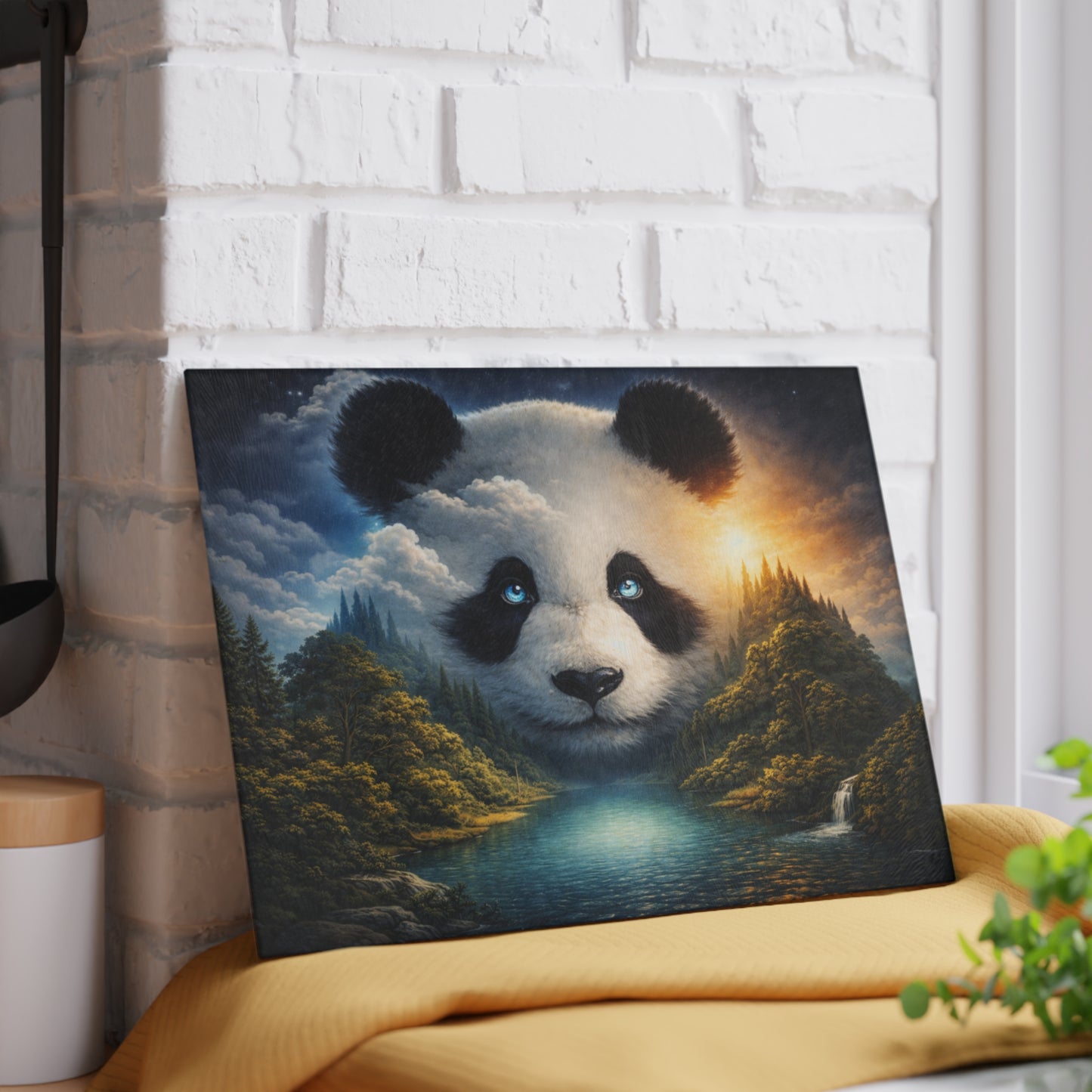 Panda Mountain Landscape Glass Cutting Board – Serene Wildlife Nature Artwork