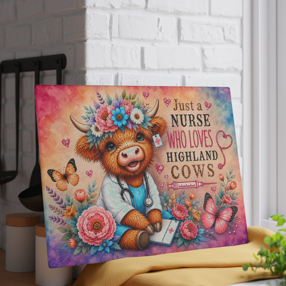 Nurse Highland Cow Glass Cutting Board – Colorful Floral Nurse Gift with Butterflies & Medical Theme