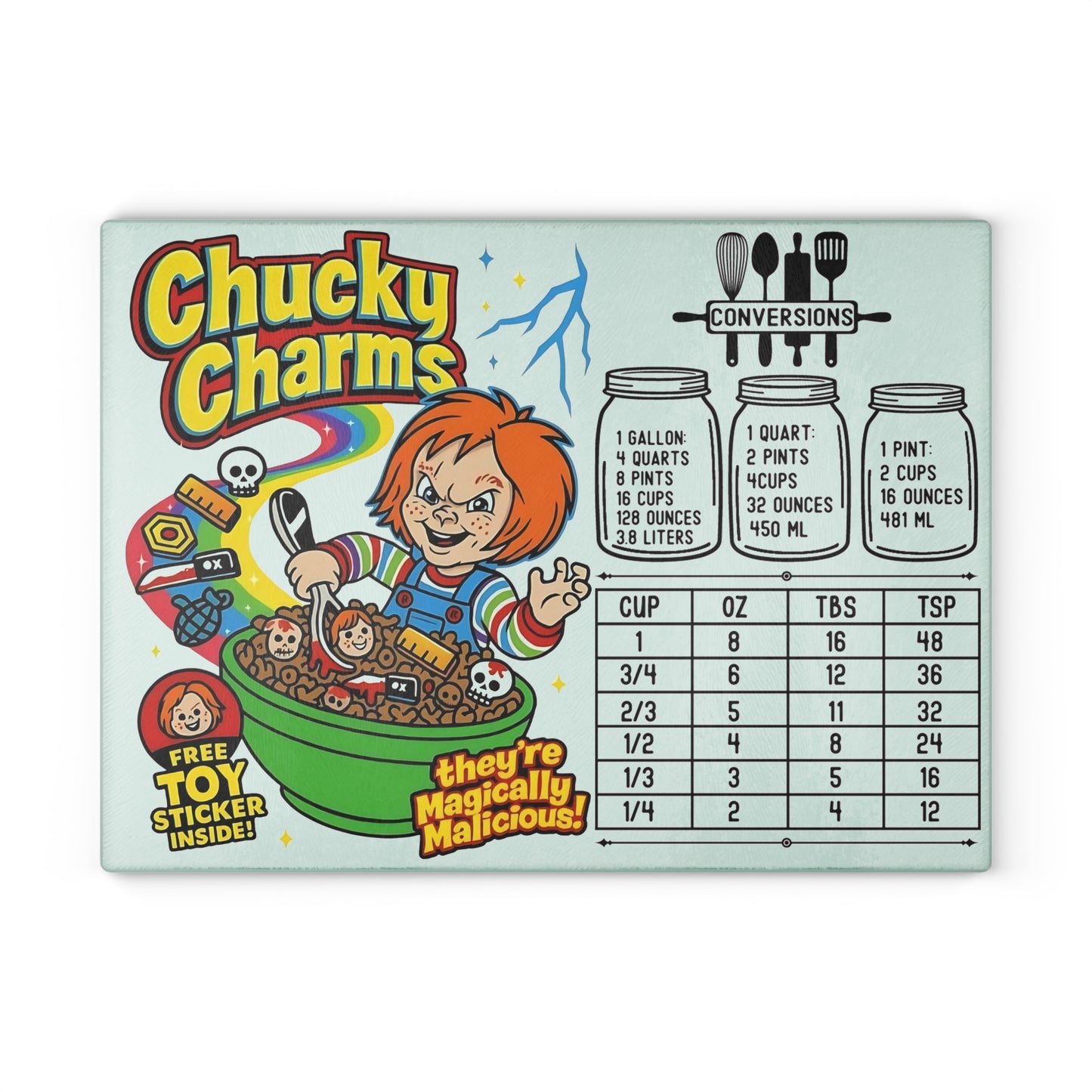 🧪 Chucky Charms Cutting Board – “Magically Malicious” Parody for Your Creepy-Cute Kitchen 🍀