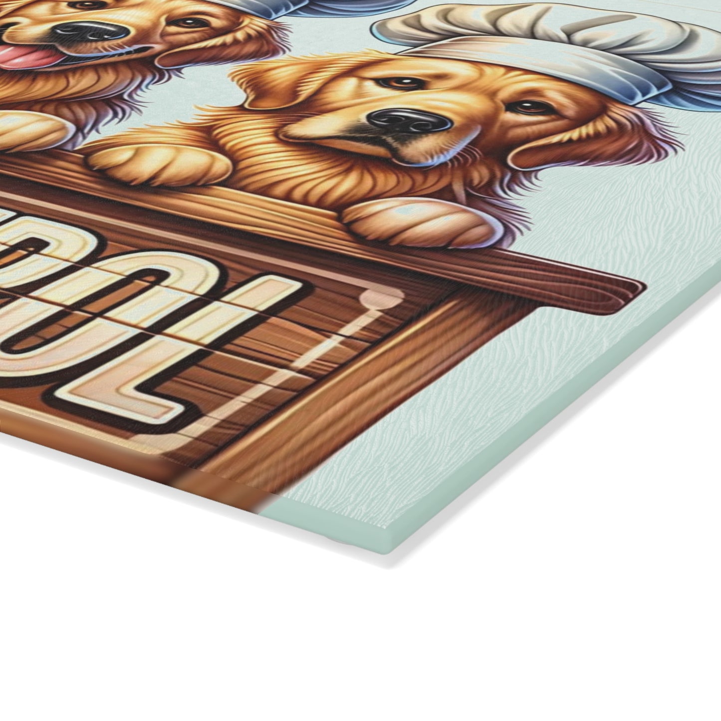🐶🍪 “Snack Patrol” Glass Cutting Board – Golden Retrievers on Duty