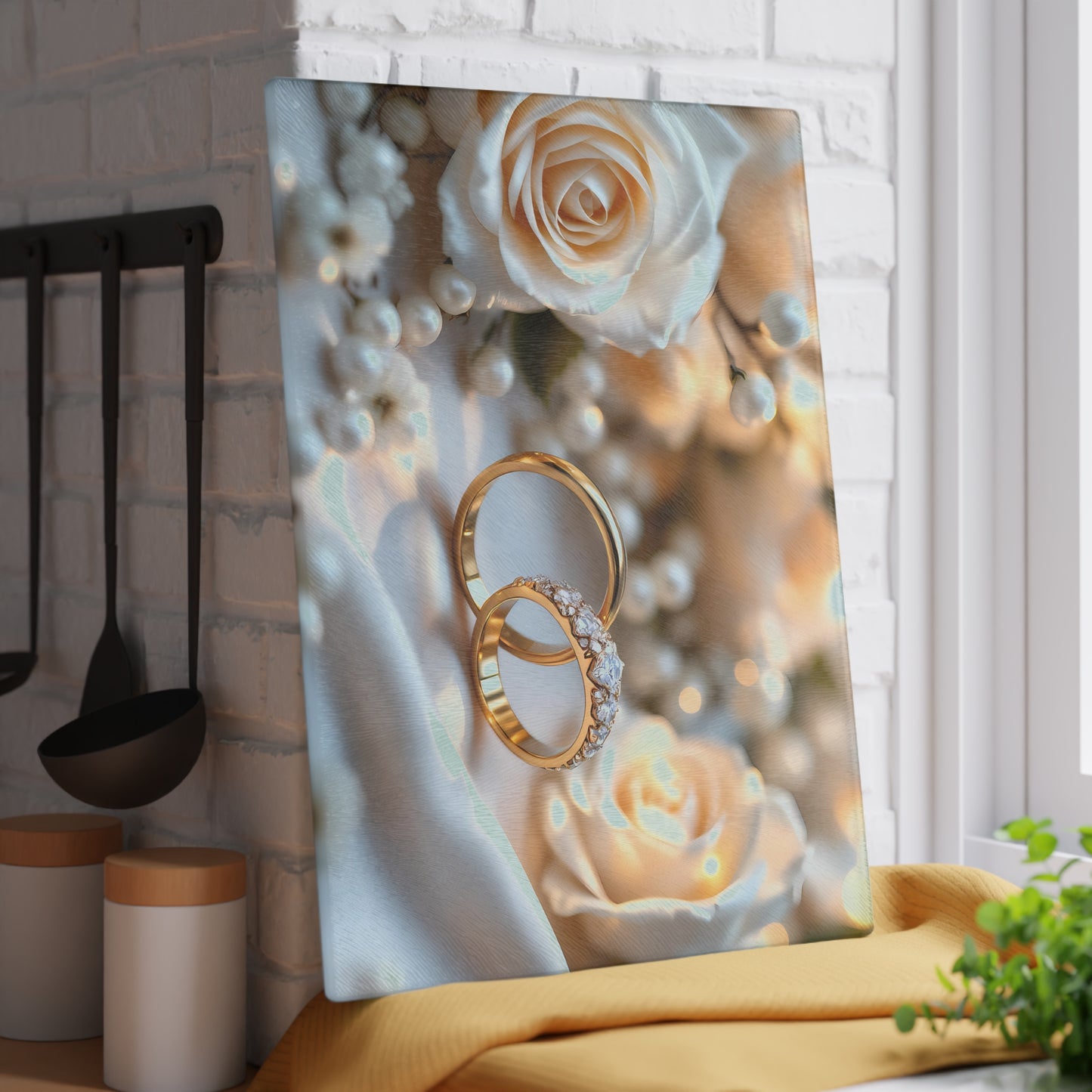 💒 White Rose & Gold Rings Cutting Board – Timeless Elegance for Weddings & Love