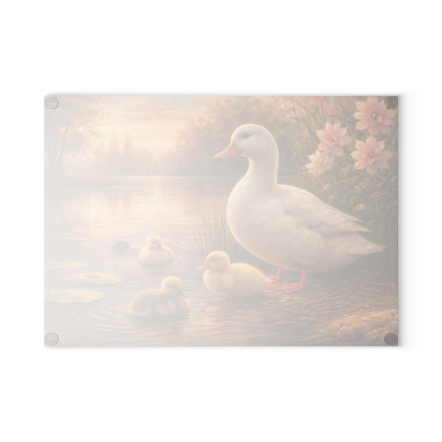 Mother Duck & Ducklings Peaceful Pond Glass Cutting Board – Cottage Nature Kitchen Art