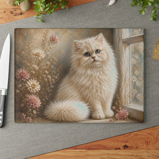 Fluffy White Cat Tempered Glass Cutting Board  Description