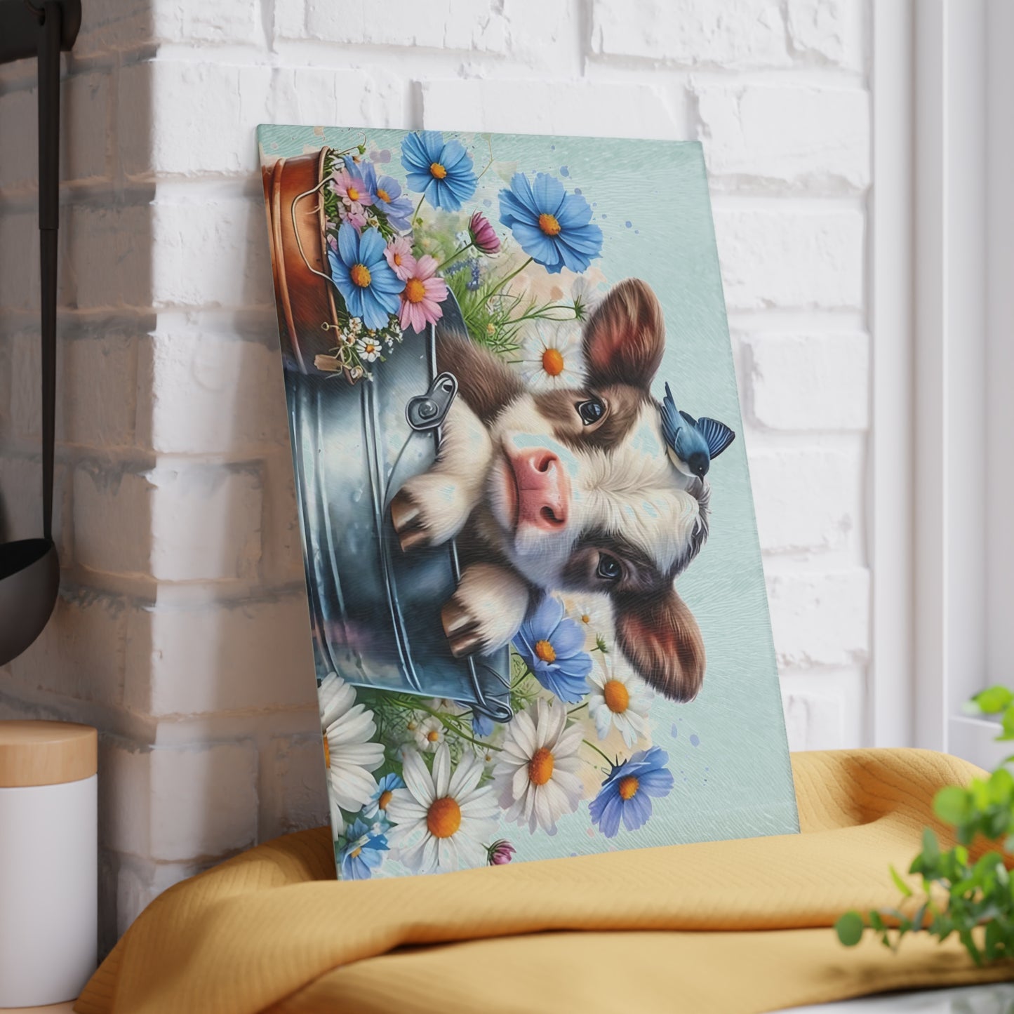 🐮 Baby Cow in Bucket with Blue Daisies Cutting Board – Farmhouse Charm for Your Kitchen 🌼
