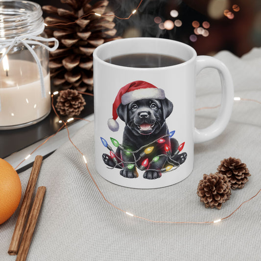 🎄 Labrador Puppy Christmas Mug – Santa Hat & Holiday Lights Cheer 🐾