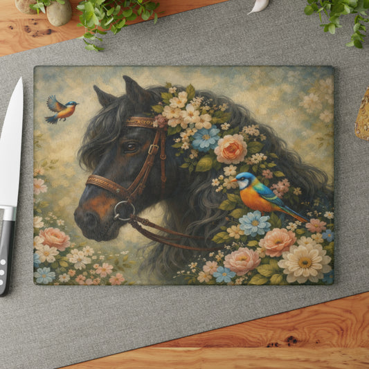 Floral Horse Glass Cutting Board – Elegant Country Farmhouse Kitchen Decor with Birds and Garden Flowers