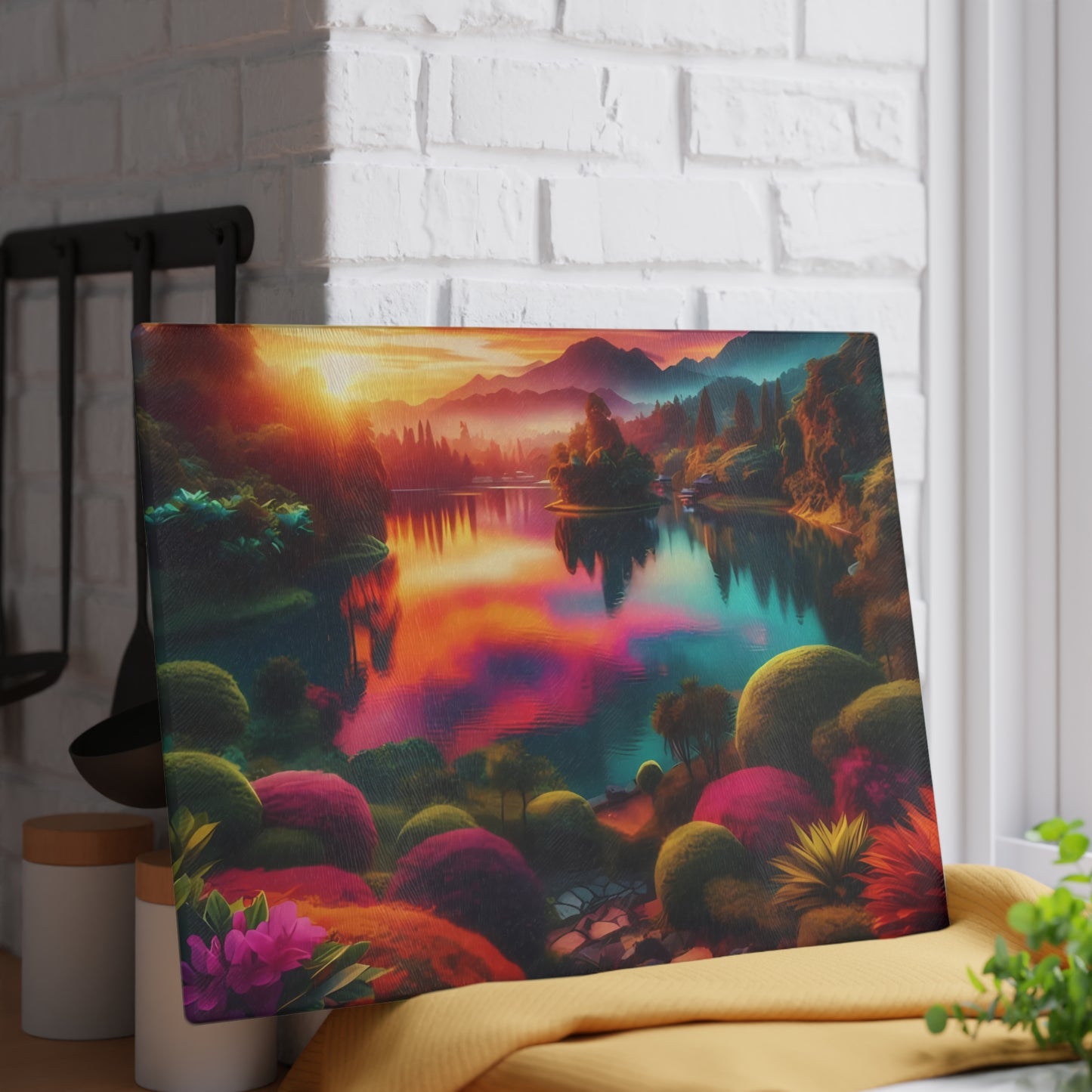 Tabla de cortar de vidrio Sunset Garden Serenity: vista al lago de ensueño para cocinas artísticas